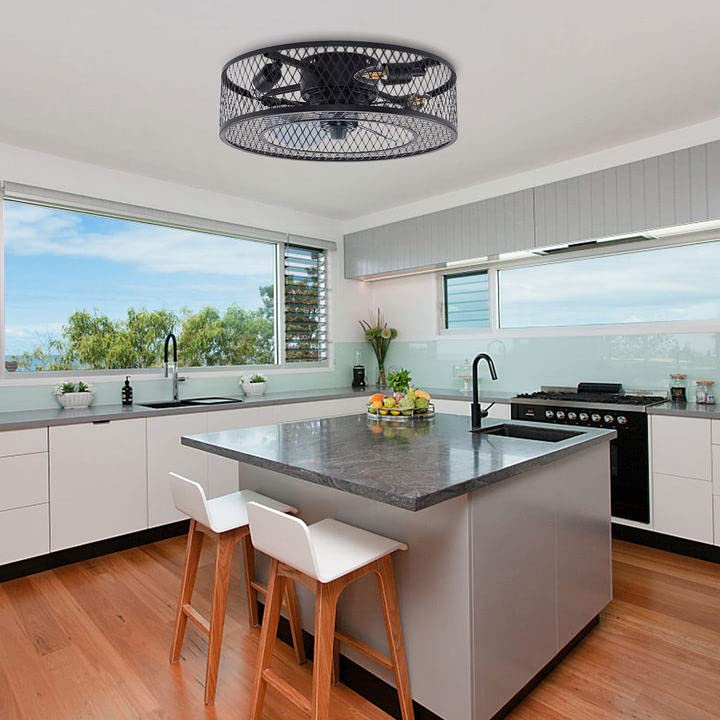 OUKANING Enclosed Ceiling Fan with Light - 3 Speed Adjustable, Remote Control, Industrial Style Fandelier for Living Room, Bedroom, Kitchen (4 E27 Bulbs Not Included) | Perfect for Home, Office & Restaurant Decor