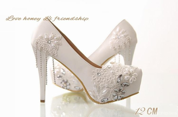 Elegant Lace Pearl Embellished Women's Wedding Bridal Shoes - Pointed Toe Heels for Brides, Prom, Evening Party & Special Occasions | Style S019