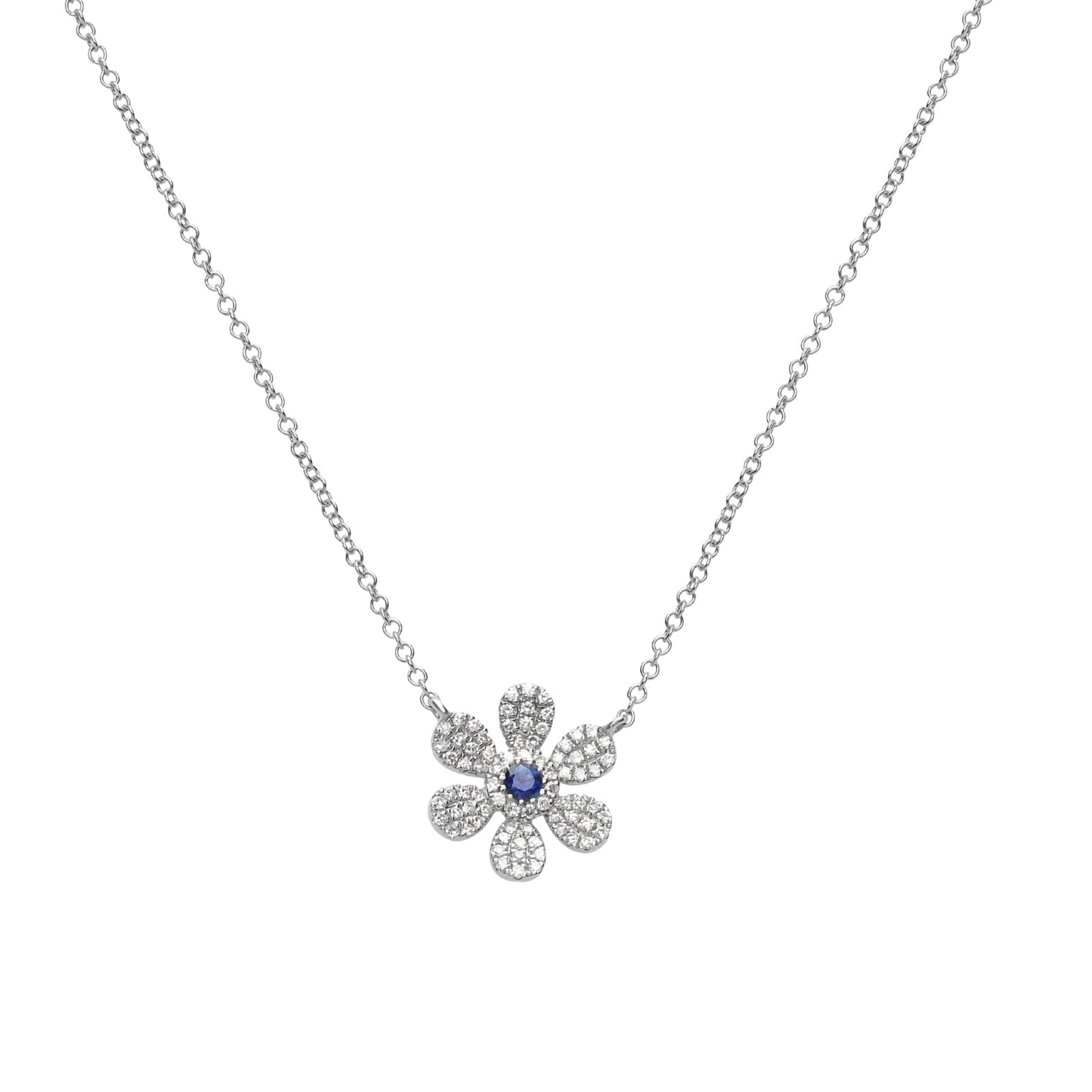 14K White Gold Sapphire & Diamond Pavé Flower Pendant Necklace for Women | Elegant Bridal Jewelry, Anniversary Gift & Special Occasion Accessory