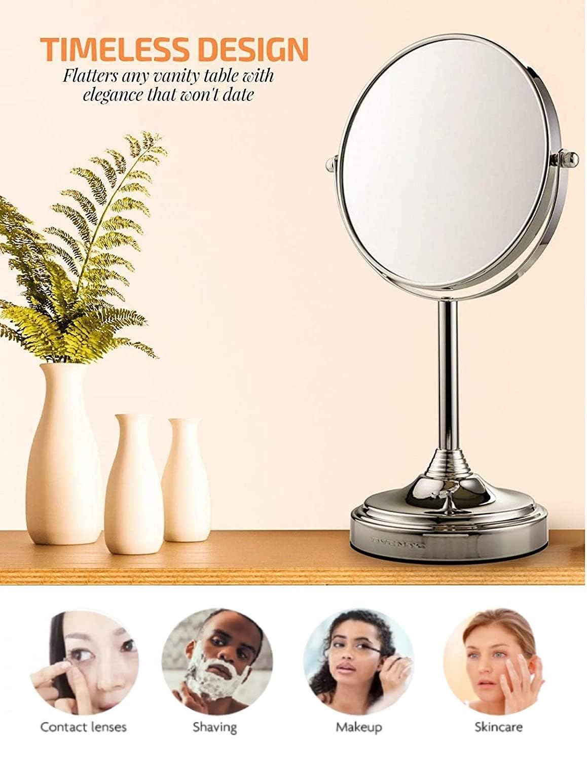 OVENTE 7-Inch Double-Sided Vanity Mirror with 1X/7X Magnification, 360° Swivel Stand - Polished Chrome Makeup Mirror for Dresser, Bedroom & Office Desk | Perfect for Applying Makeup, Grooming & Skincare Routines