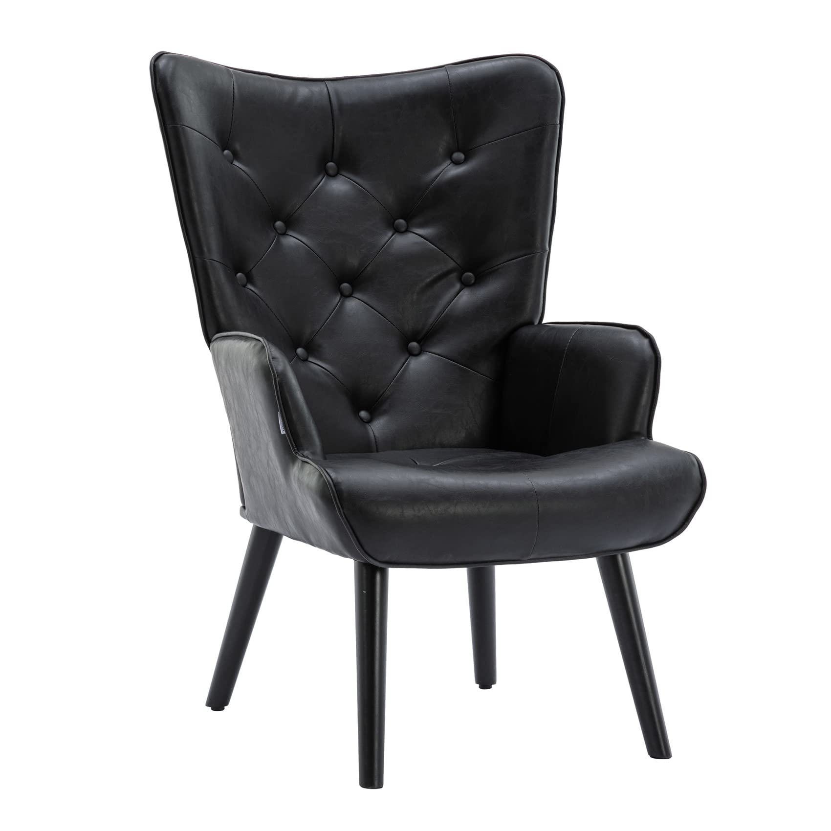 Modern PU Leather Accent Chair - Tufted Button Wingback Reading Chair with Arms, Upholstered Tall Back & Solid Wood Legs - Perfect for Living Room, Bedroom, Office Waiting Area (Black) | Cozy Reading Nook & Lounge Seating