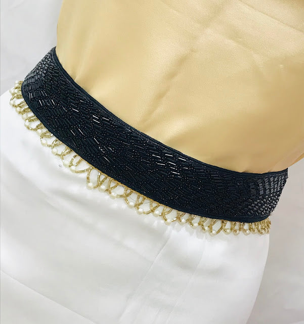 Elegant Black Waist Belt with Gold and White Beads - Perfect for Boho Fashion, Parties, and Dance Performances