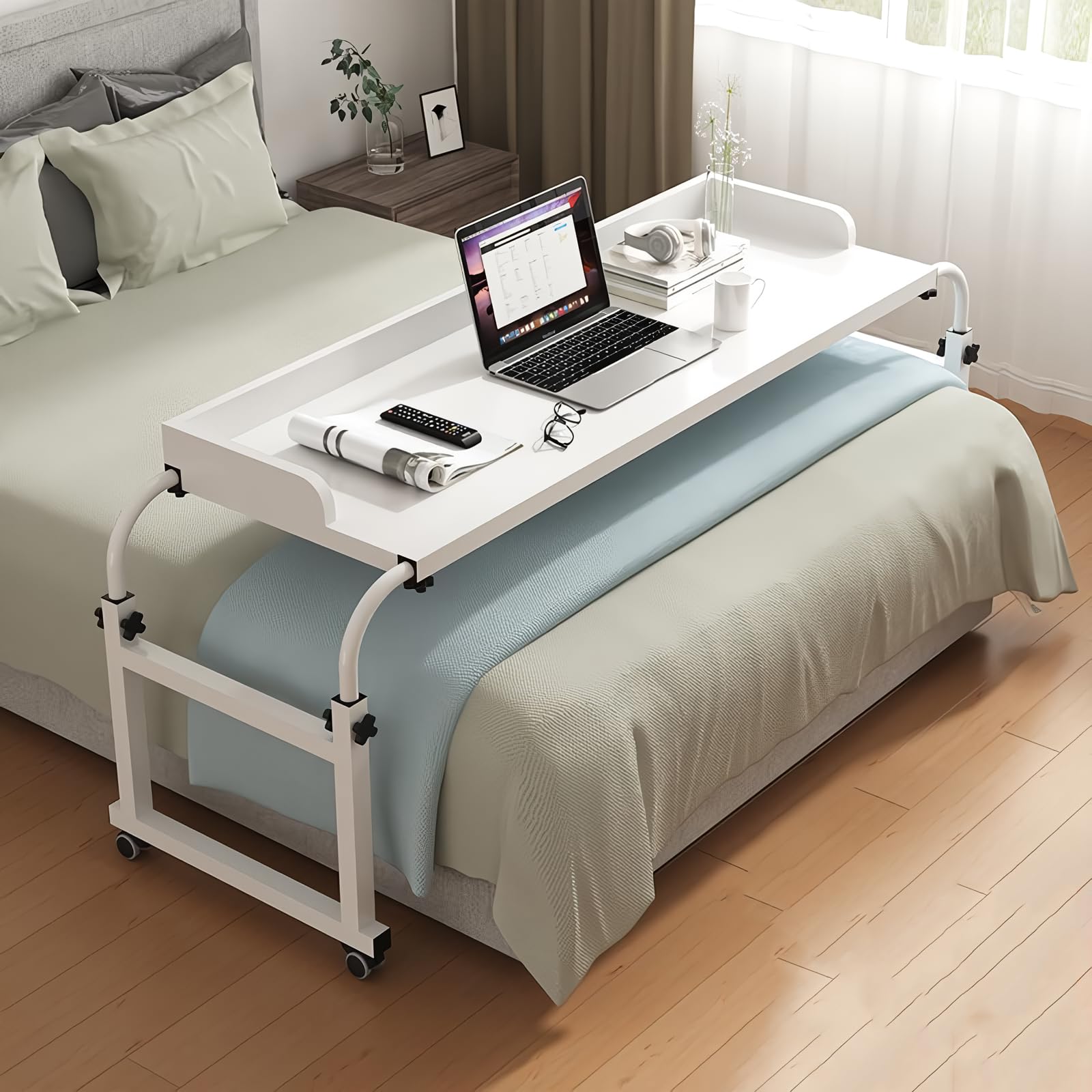 Adjustable Overbed Table with Wheels - Mobile Computer Desk for Queen Size Beds, Standing Workstation & Laptop Cart with Height & Length Adjustment - Perfect for Home Office, Hospital & Nursing Use (White, 47