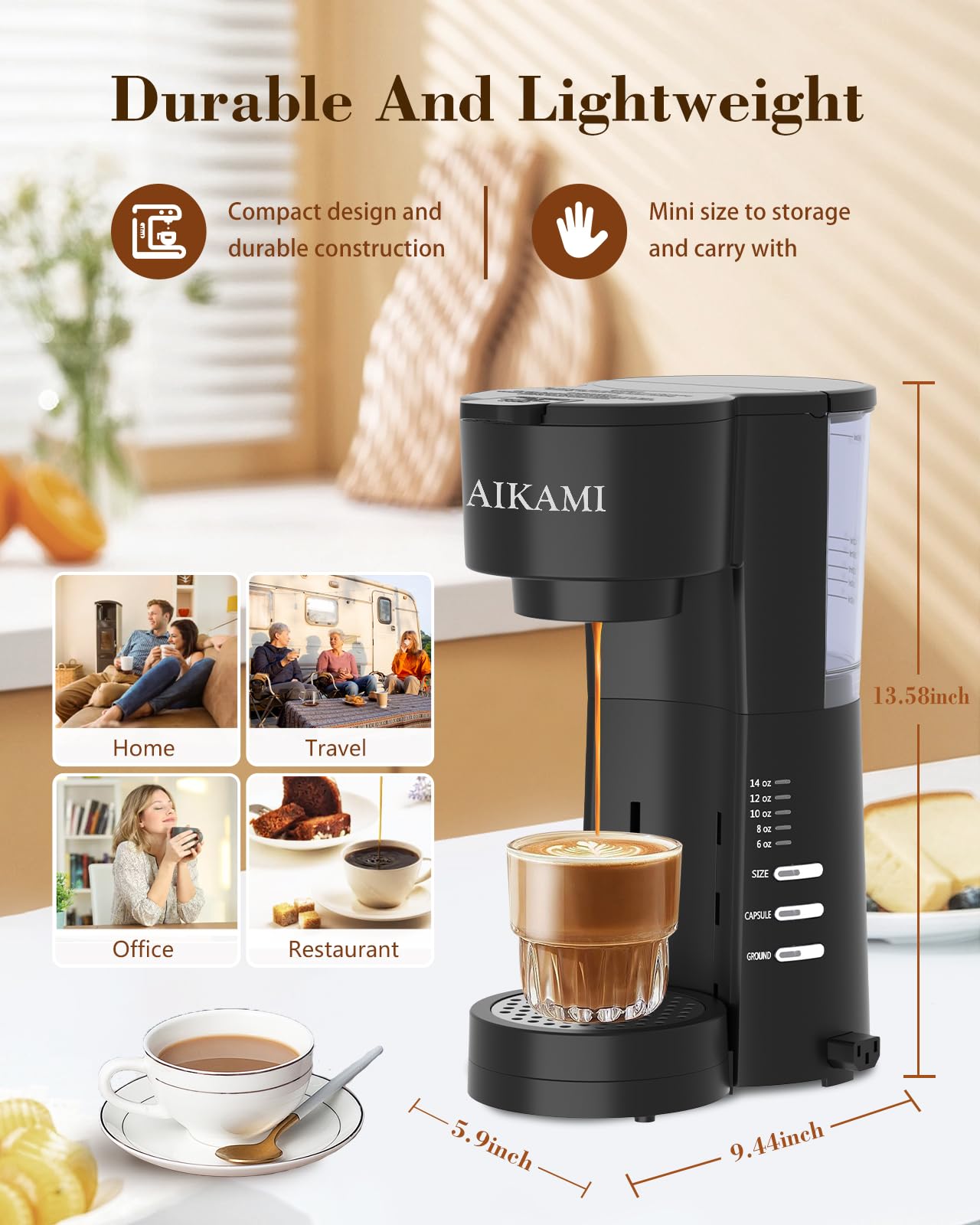 4 in 1 Single Serve Coffee Maker with Built-in Milk Frother & Grinder - Compatible with K-Cups & Ground Coffee - 30oz Removable Water Tank - 6-14oz Brew Sizes - Perfect for Home, Office & Small Kitchens - Compact Espresso Machine for Latte, Cappuccino & Americano Lovers
