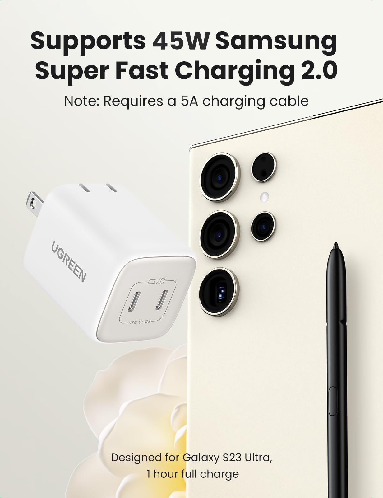 UGREEN Nexode 45W GaN USB C Fast Charger - Dual Port Foldable Wall Charger with PPS for Samsung Galaxy S25/S24/Note 20, iPhone 16/15/14 Pro, iPad, MacBook Air & Steam Deck - Compact Travel Charger for Home, Office & Gaming (White)