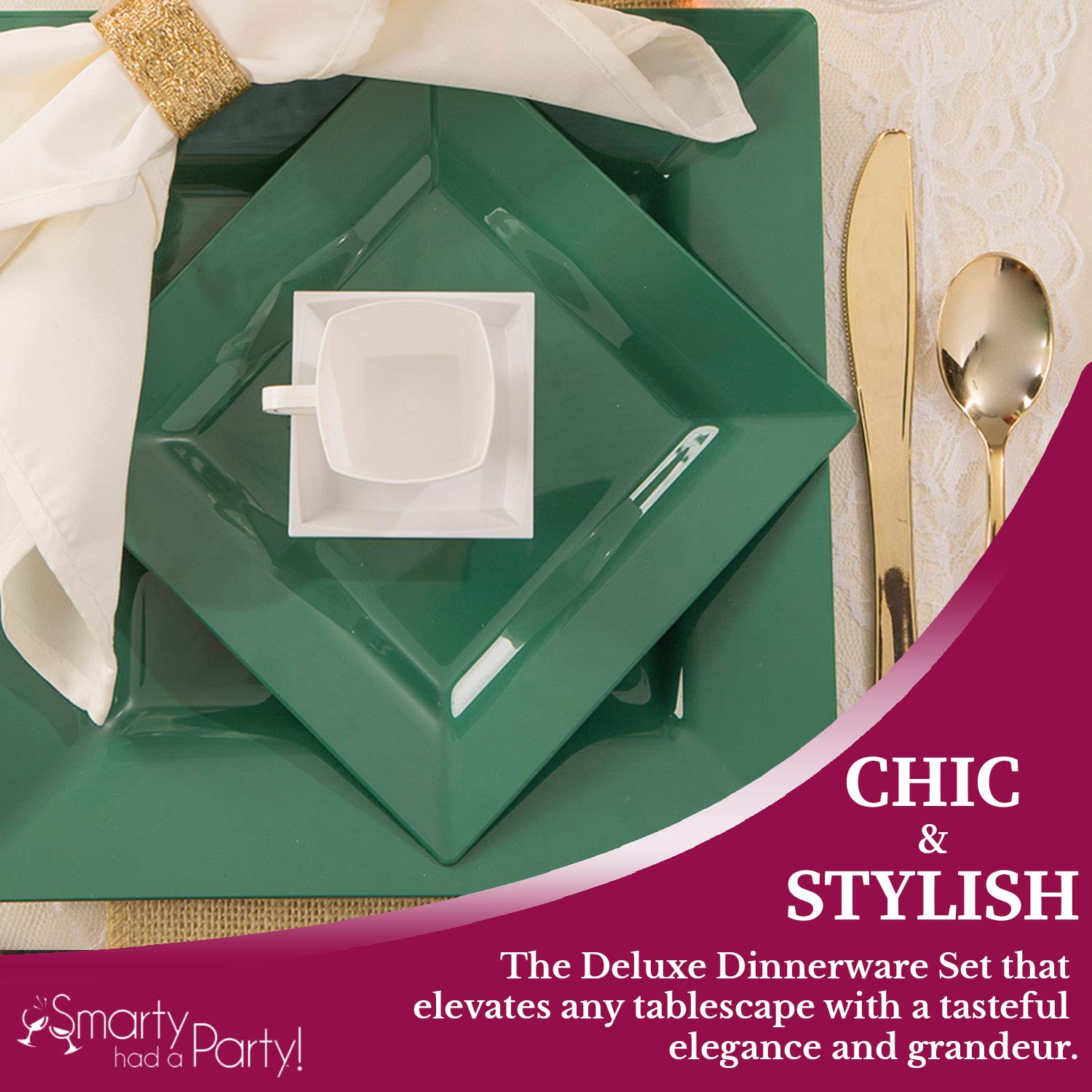 Elegant Disposable Plastic Dinnerware Set - Heavy Duty Plastic Plates for Parties & Events (Hunter Green, Wedding Value Pack for 60 Guests) - Perfect for Weddings, Banquets, Picnics & Outdoor Gatherings