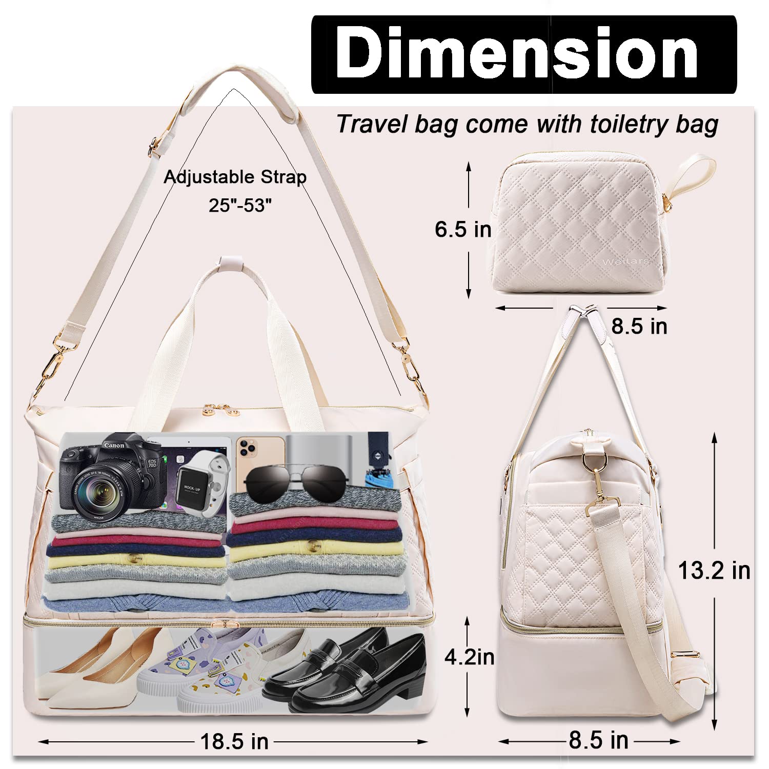 Weitars Women's Gym Bag - Large Travel Duffel Bag with Shoe Compartment & Wet Pocket - Perfect for Workout, Weekend Trips, Hospital Visits & Shopping (Beige) | Durable Carry On Bag for Sports, Travel & Daily Use
