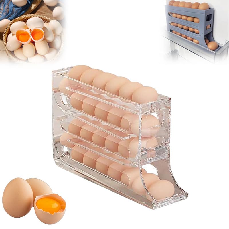 4-Tier Automatic Scrolling Egg Holder for Refrigerator - Space-Saving Egg Dispenser & Organizer Storage Box (Transparent) - Perfect for Kitchen Organization & Fresh Egg Storage