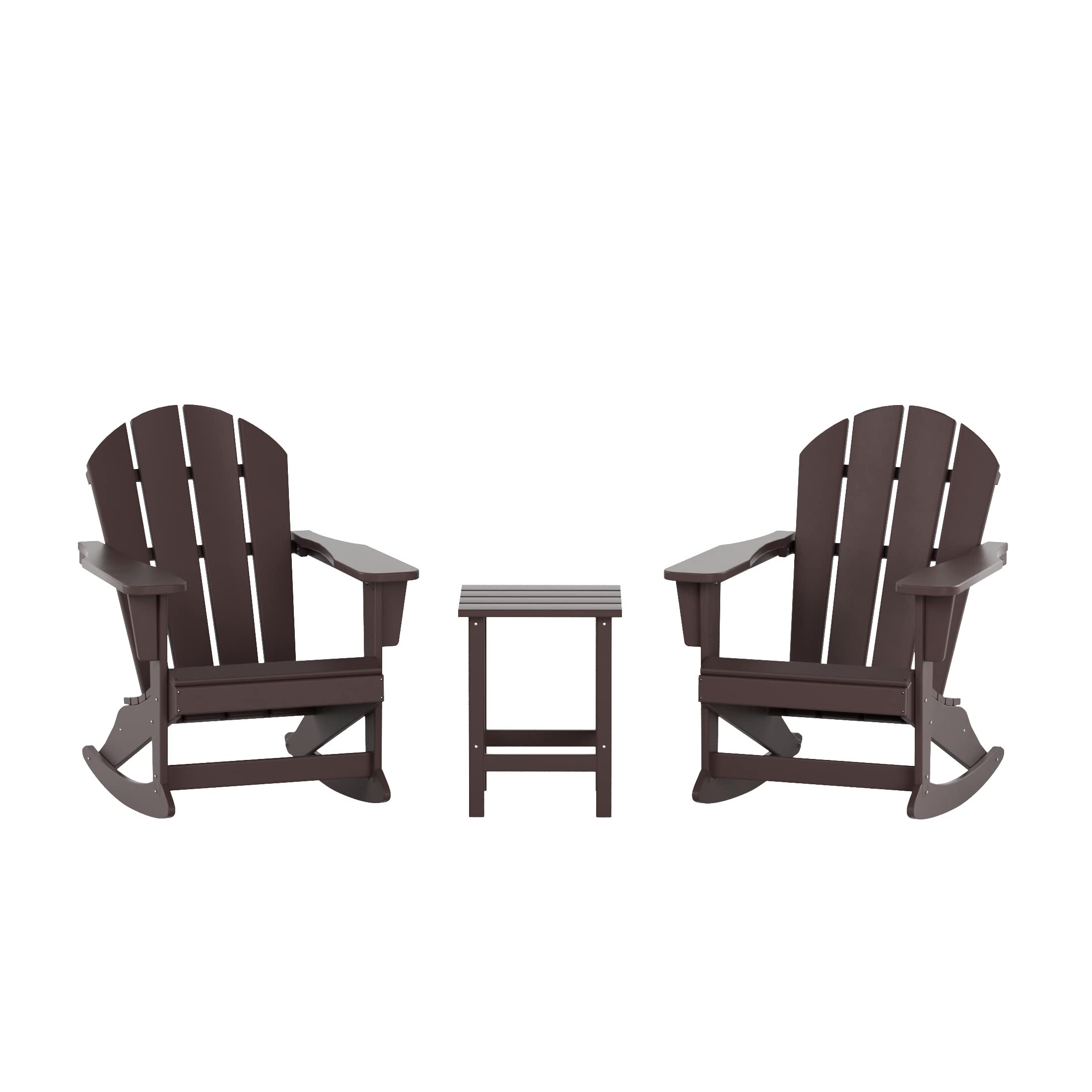 WestinTrends Malibu 3-Piece Outdoor Rocking Chair Set - All-Weather Poly Lumber Patio Furniture, 2 Adirondack Rockers with Side Table in Dark Brown - Perfect for Porch, Garden & Backyard Relaxation