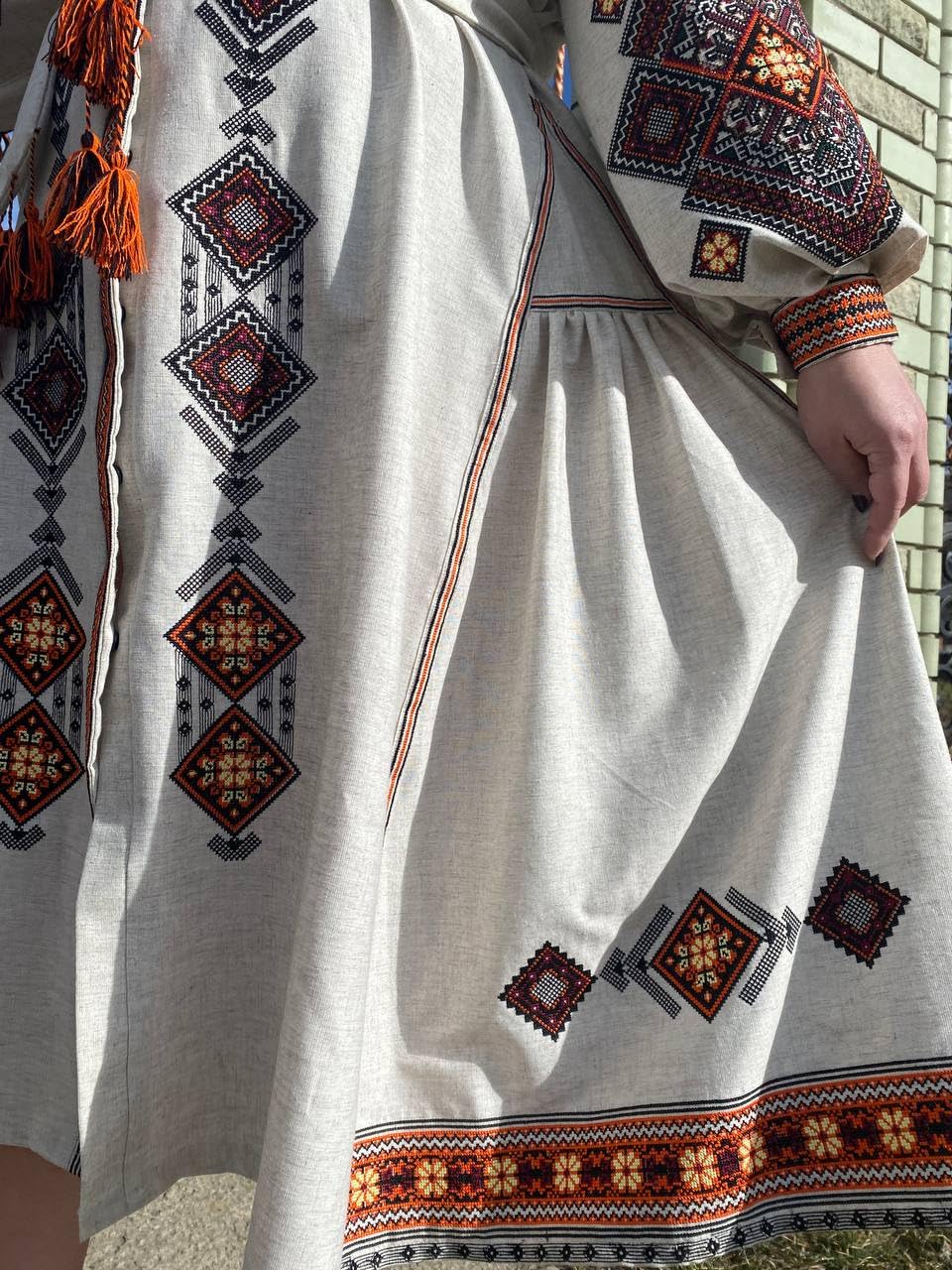 Stylish Plus Size Linen Summer Dress with Ukrainian Geometric Embroidery - Breathable Ethno-Style Maxi Dress (Size L) for Beach Vacations, Boho Weddings & Casual Outings