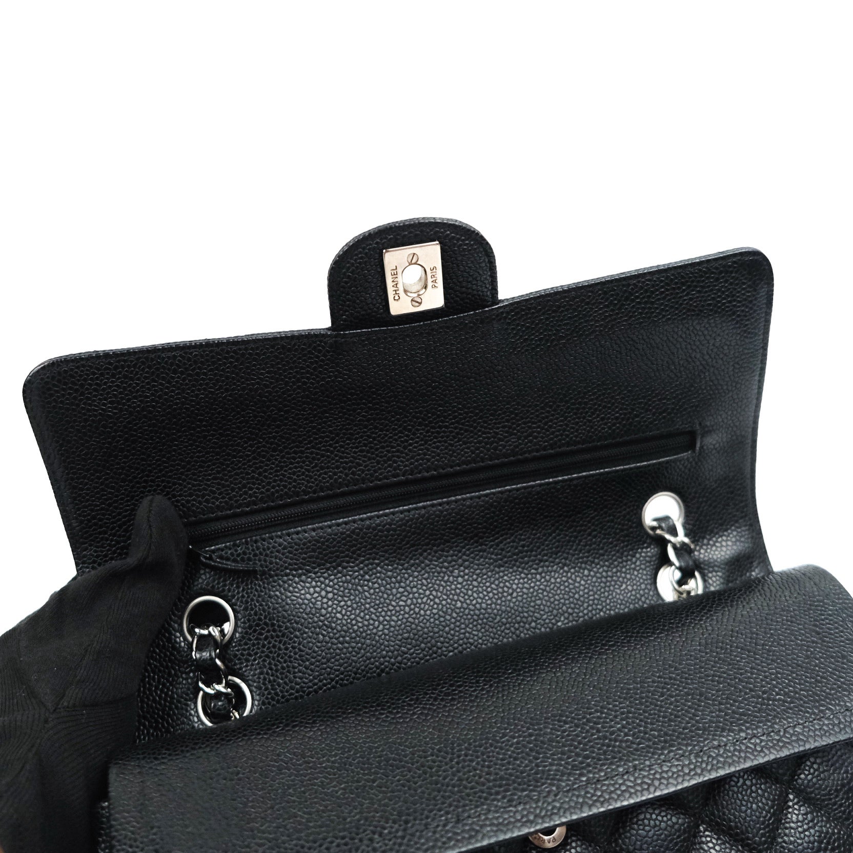 Chanel Classic Double Flap Bag M/L Size in Black Caviar Leather with Silver Hardware - Luxury Handbag for Women, Perfect for Work, Evening Events & Special Occasions