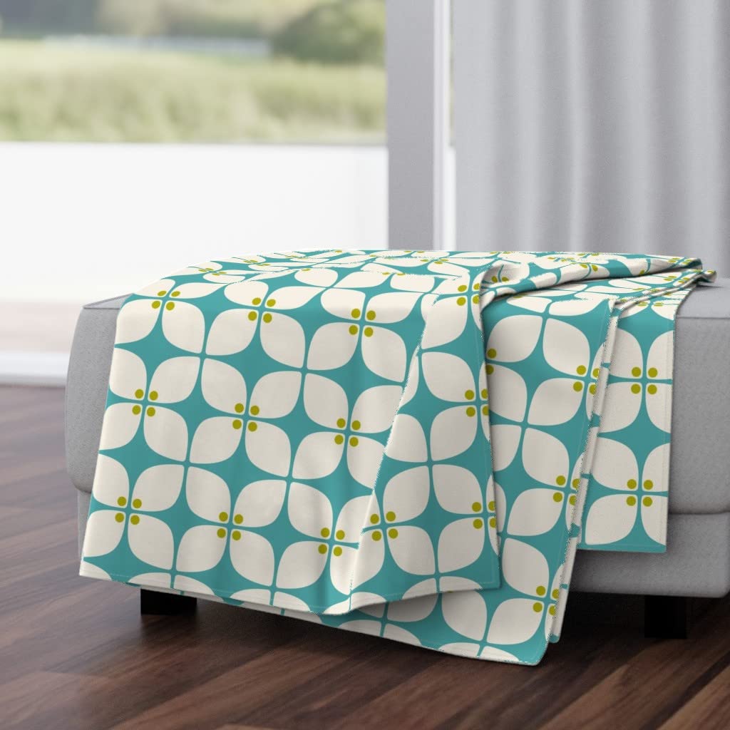 Luxe Velvet Throw Blanket 50x70 Inches - Teal Mid Century Modern Design with Aqua Green Leaves & Geometric Nature Print | Perfect for Sofa, Bed & Home Decor