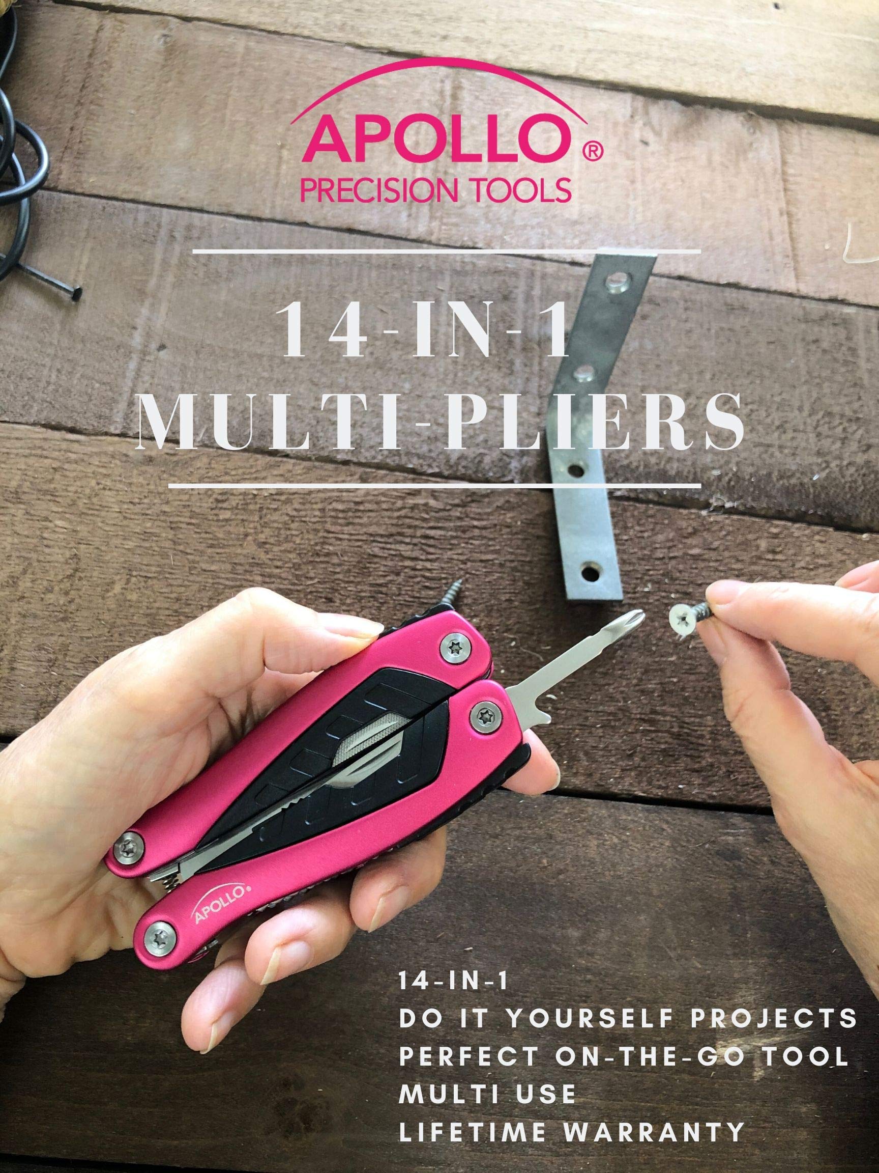 Apollo Tools 14-in-1 Steel Pocket Multitool Pliers with Pink Ribbon - Compact Multi-Function Tool for Everyday Repairs, Survival, Camping, Fishing & Outdoor Activities - Perfect Gift for DIY Enthusiasts (Model DT5015P)