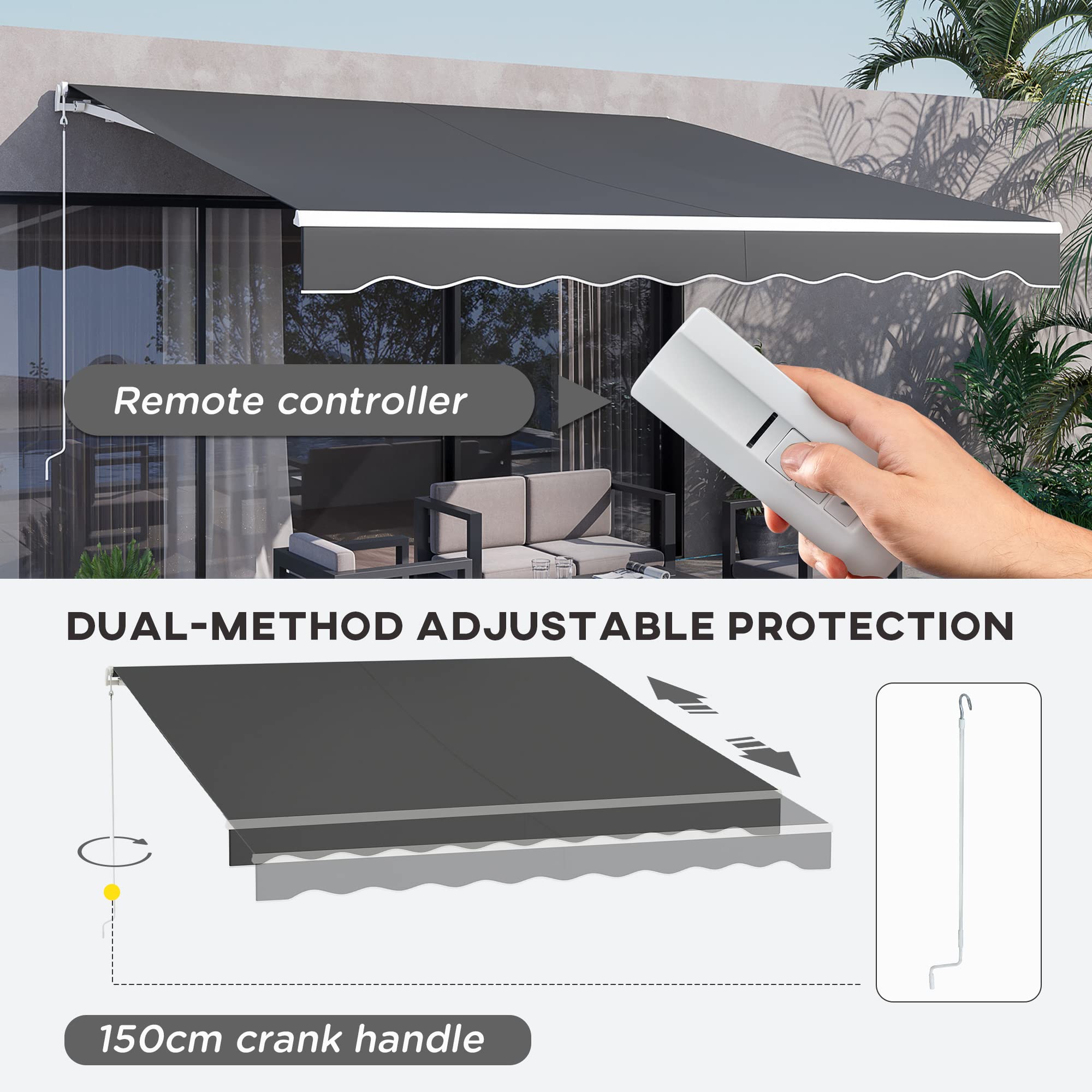 Outsunny 12' x 10' Retractable Electric Patio Awning with Remote Control & Manual Crank, UV Protection Sun Shade Canopy for Deck, Balcony, Yard, Backyard, Outdoor Living Space - Dark Gray