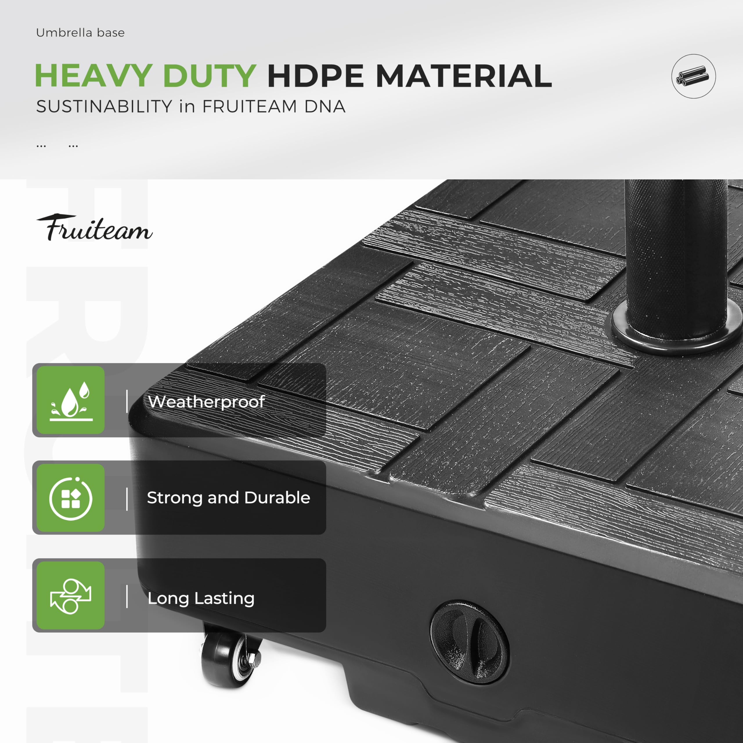 FRUITEAM 155lb Heavy Duty Fillable Portable Umbrella Base with 4 Wheels - Wind-Resistant Square Market Stand for Patio, Deck & Outdoor Use - Includes 2 Locks & 1 Knob - Perfect for Commercial Events, Backyard BBQs and Beach Parties