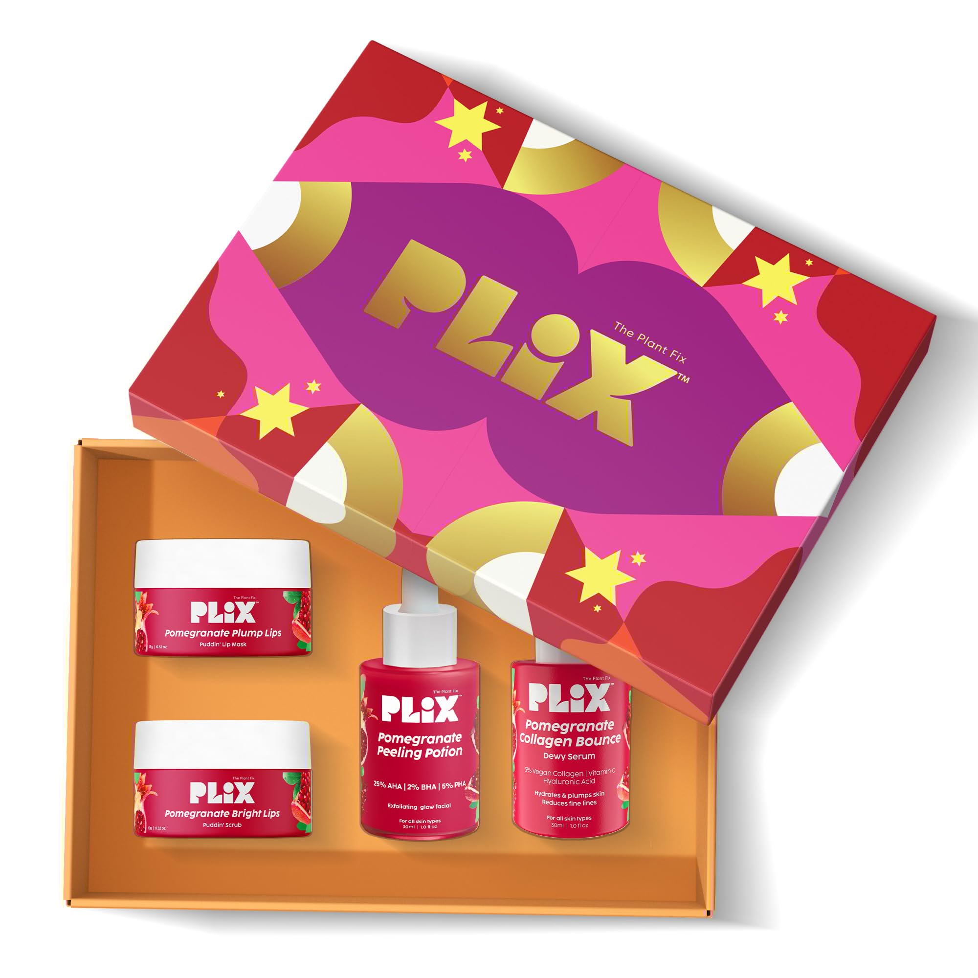 PLIX - THE PLANT FIX Pomegranate Luxe Skin Secrets Gift Box | Holiday Skincare Set with Lip Scrub, Lip Mask, Exfoliator & Collagen Serum | Unisex Beauty Gift for Women & Men | Limited Edition | Perfect for Christmas, Birthday & Self-Care Gifting
