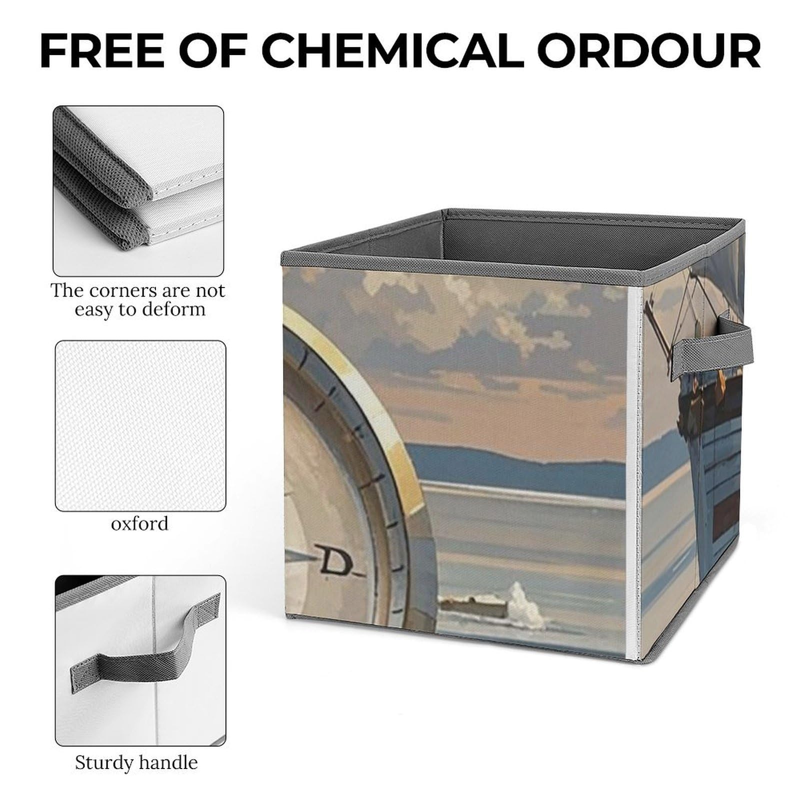 Collapsible Storage Bins with Handles - Ship & Compass Printed Organizing Baskets for Home, Office, Closet, and Pantry Organization - Space Saving Storage Containers for Toys, Clothes, and Household Items