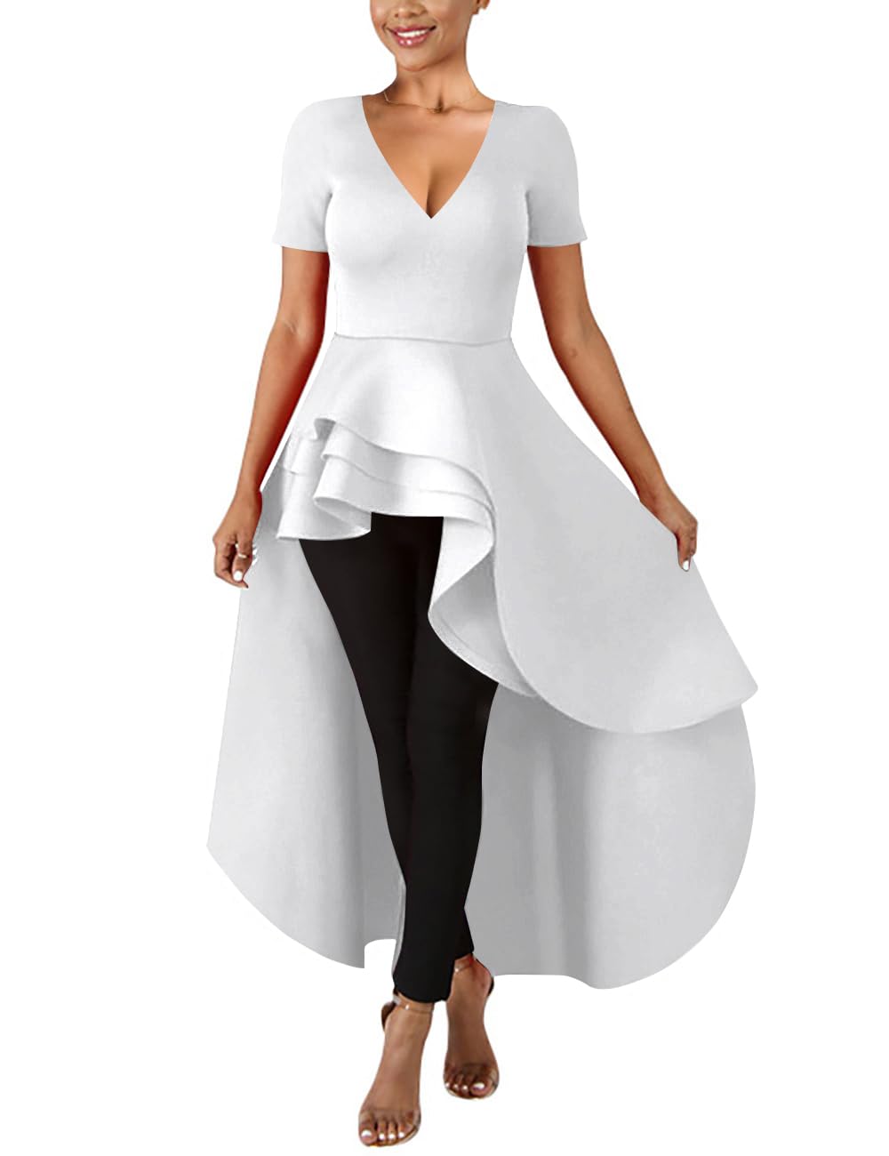 Lrady Women's V Neck Short Sleeve High Low Cocktail Party Dress - Peplum Tunic Top Shirt Dress for Night Out, Wedding Guest & Special Occasions