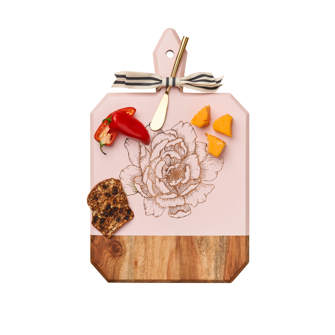 Acacia Wood Charcuterie Board with Handle - Round Cheese Board with Gold Spreader & Gray White Ribbon - Perfect for Entertaining, Weddings, Gifts - 16 x 10 Inches