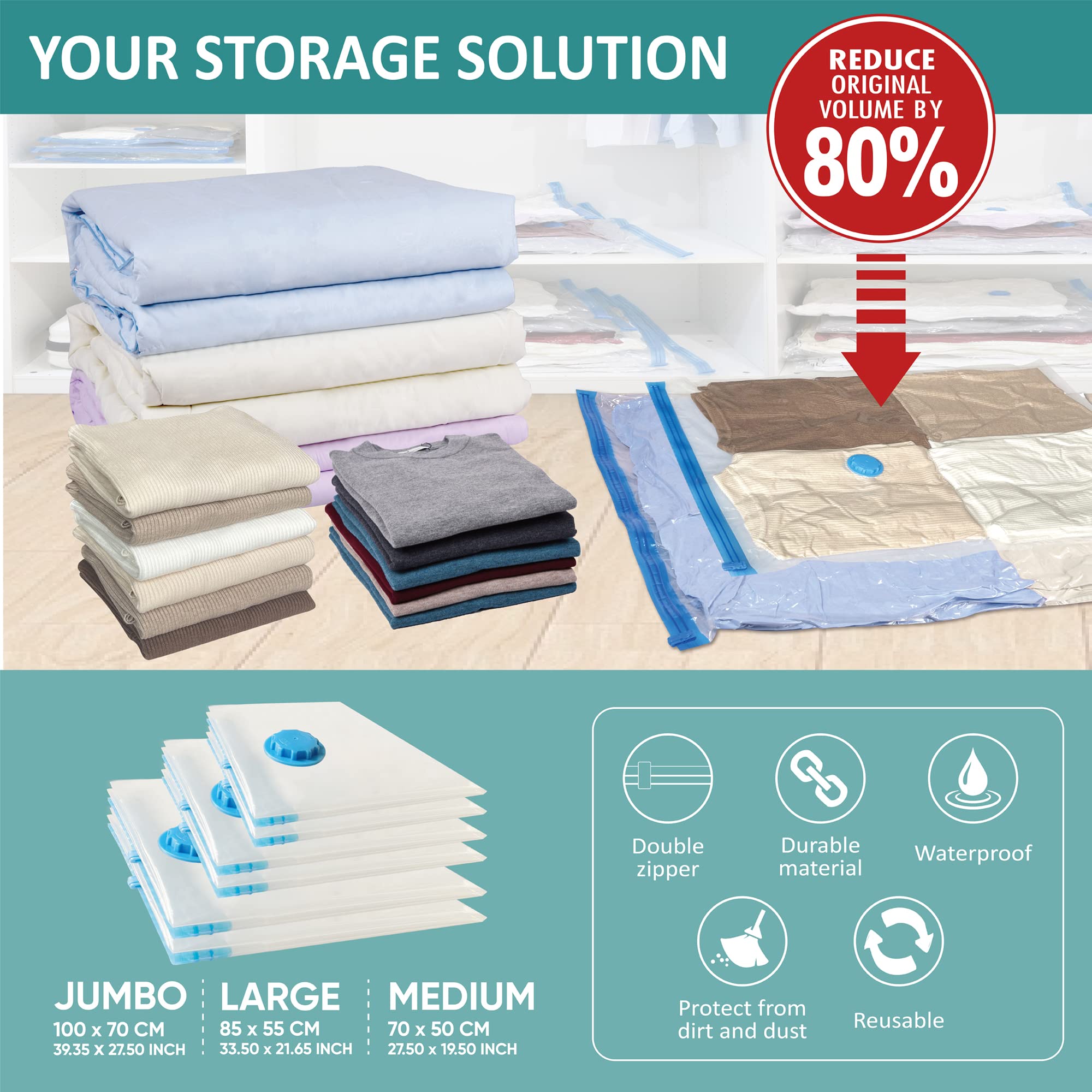 6-Pack Space Saver Vacuum Storage Bags - Jumbo/Large/Medium Sizes with Hand Pump - Sealable Bags for Clothes, Comforters, Pillows, Towels & Blankets | Perfect for Seasonal Storage, Travel & Home Organization