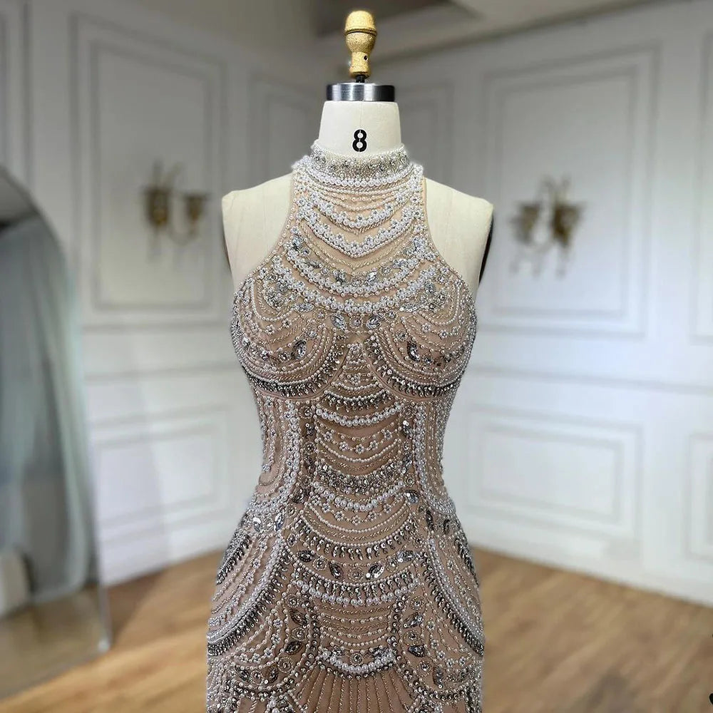 Elegant Silver Nude Halter Sleeveless Pearls Beaded Mermaid Evening Gown 2025 - Women's Formal Party Dress for Prom, Wedding & Special Occasions - LA72091