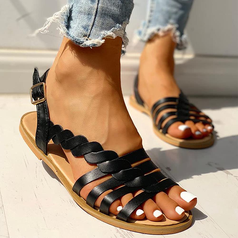 Women's Casual Flat Sandals for Beach & Summer - Comfortable Black Sandals Size 37 | Perfect for Vacation, Walking & Outdoor Activities