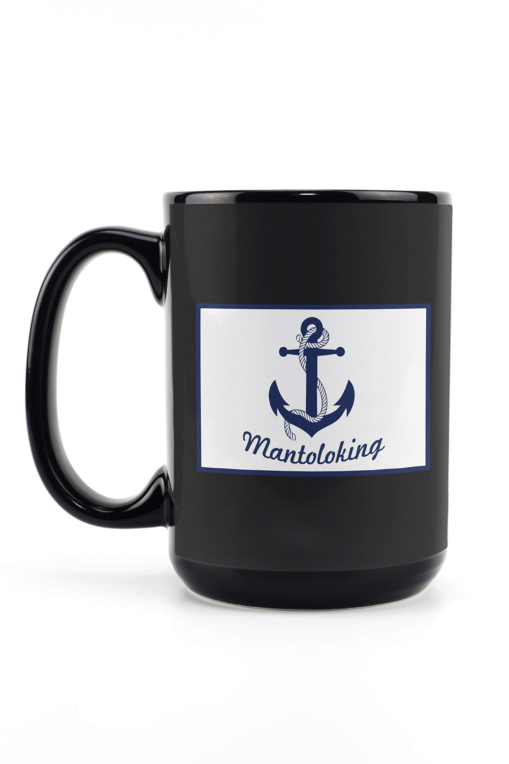 Lantern Press Mantoloking New Jersey Anchor Design 15oz Black Ceramic Coffee Mug - Blue & White Nautical Theme - Microwave & Dishwasher Safe - Perfect for Home, Office or Gift