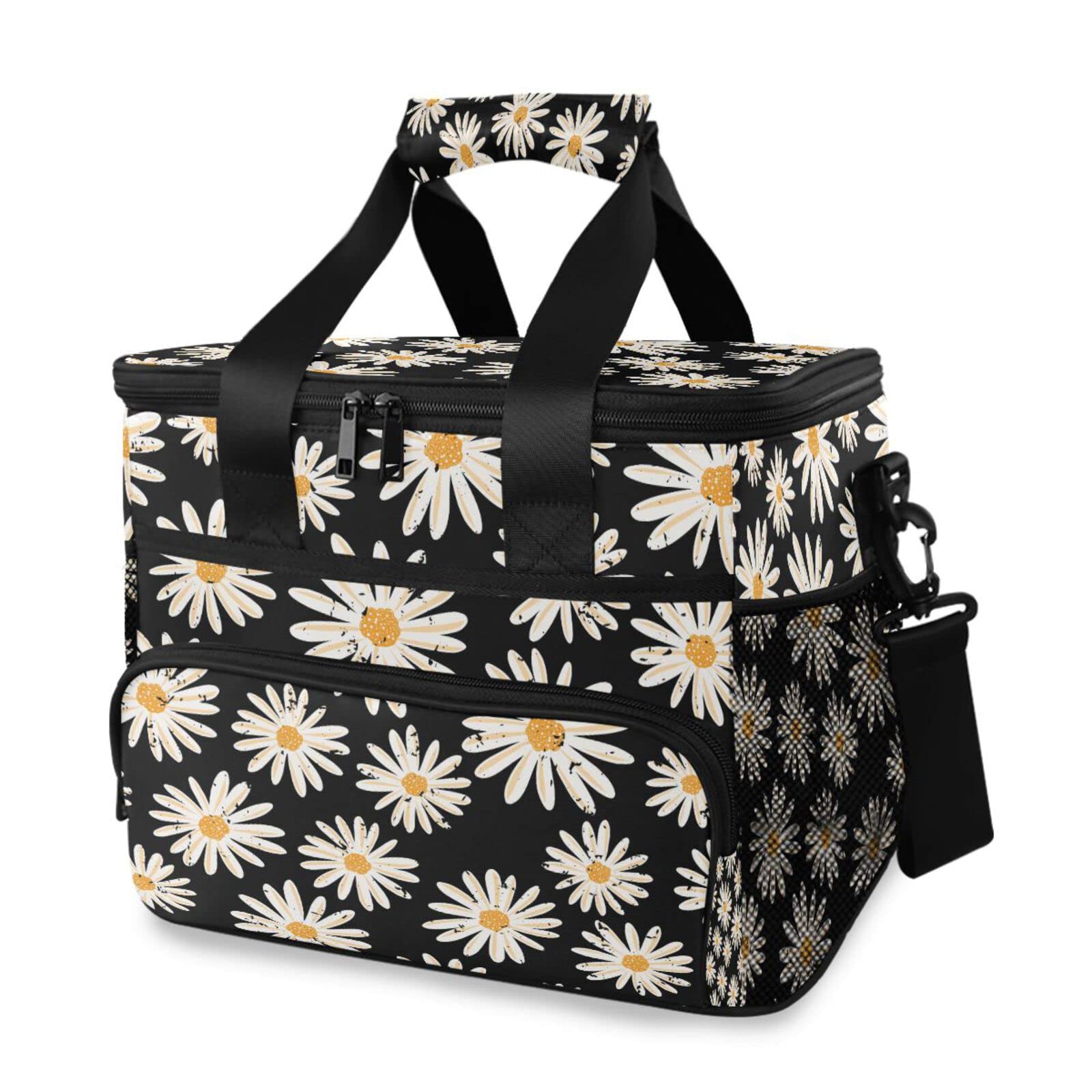 Kigai Black Daisy Insulated Reusable Lunch Bag for Men & Women - Leakproof Cooler Tote with Adjustable Shoulder Strap | Perfect for Office, School, Picnic, Beach & Outdoor Activities