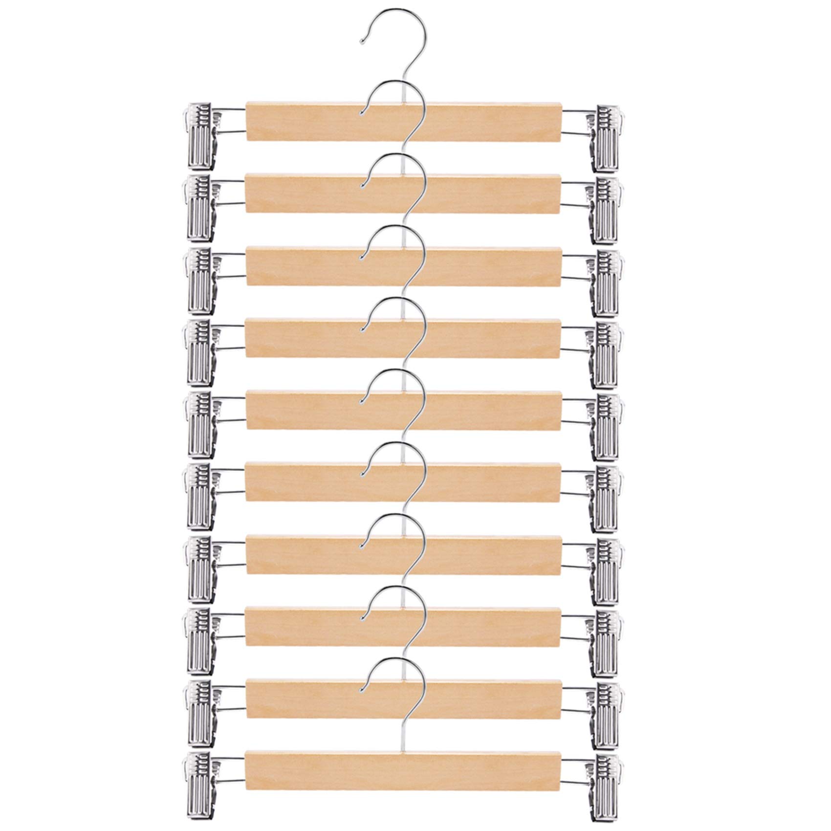 Premium Wooden Skirt Hangers with Adjustable Clips - Pack of 10 Non-Slip Pants Hangers, Natural Finish Lotus Wood Design, 360° Swivel Hook for Skirts, Jeans, Slacks & Trousers - Perfect for Closet Organization, Retail Stores & Travel Packing