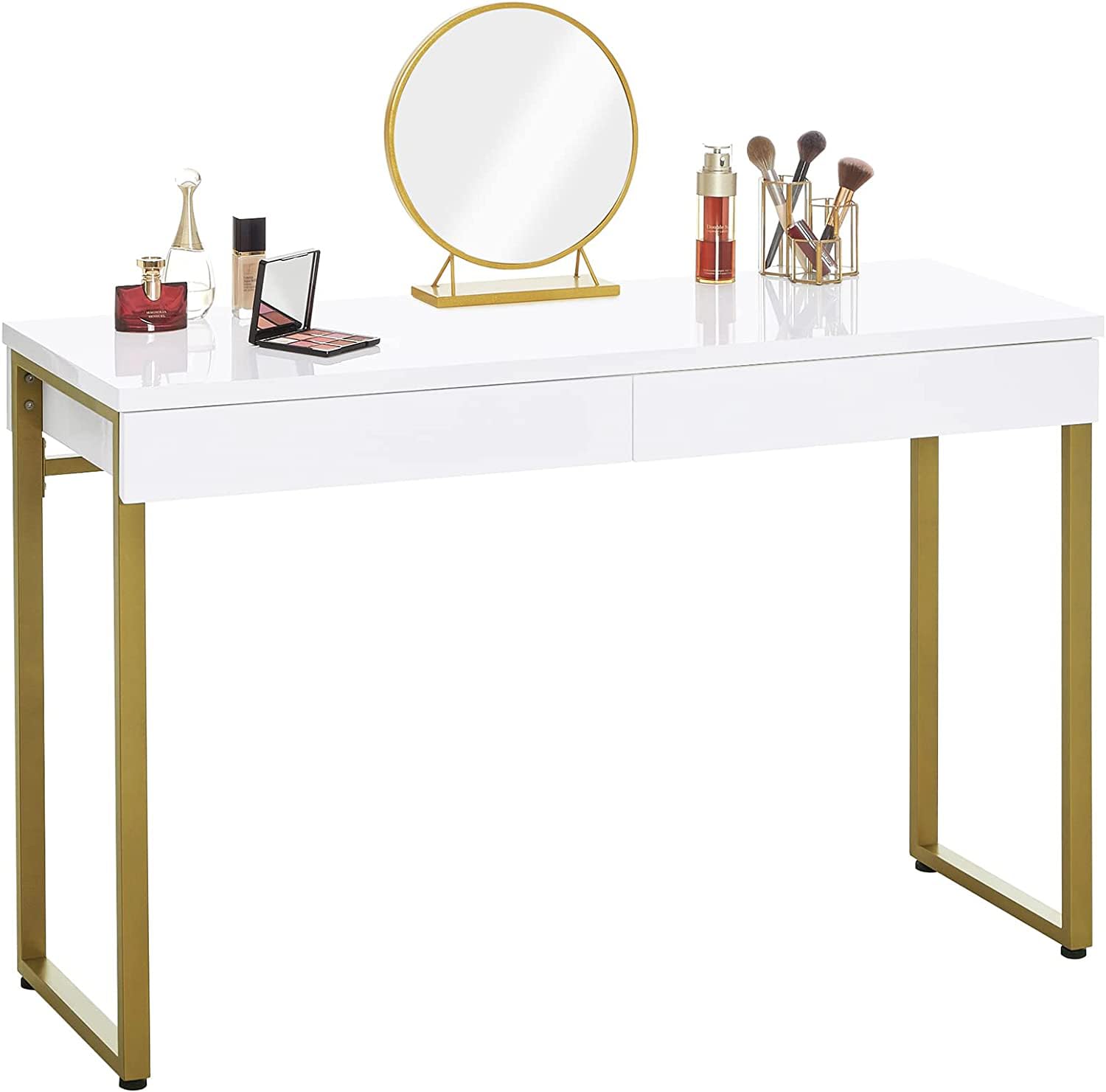 GreenForest 39-inch Vanity Desk with 2 Drawers - Glossy White Modern Makeup Dressing Table, Home Office Computer Desk with Gold Metal Legs for Small Spaces | Perfect for Bedroom, Dorm Room & Apartment Makeup Station