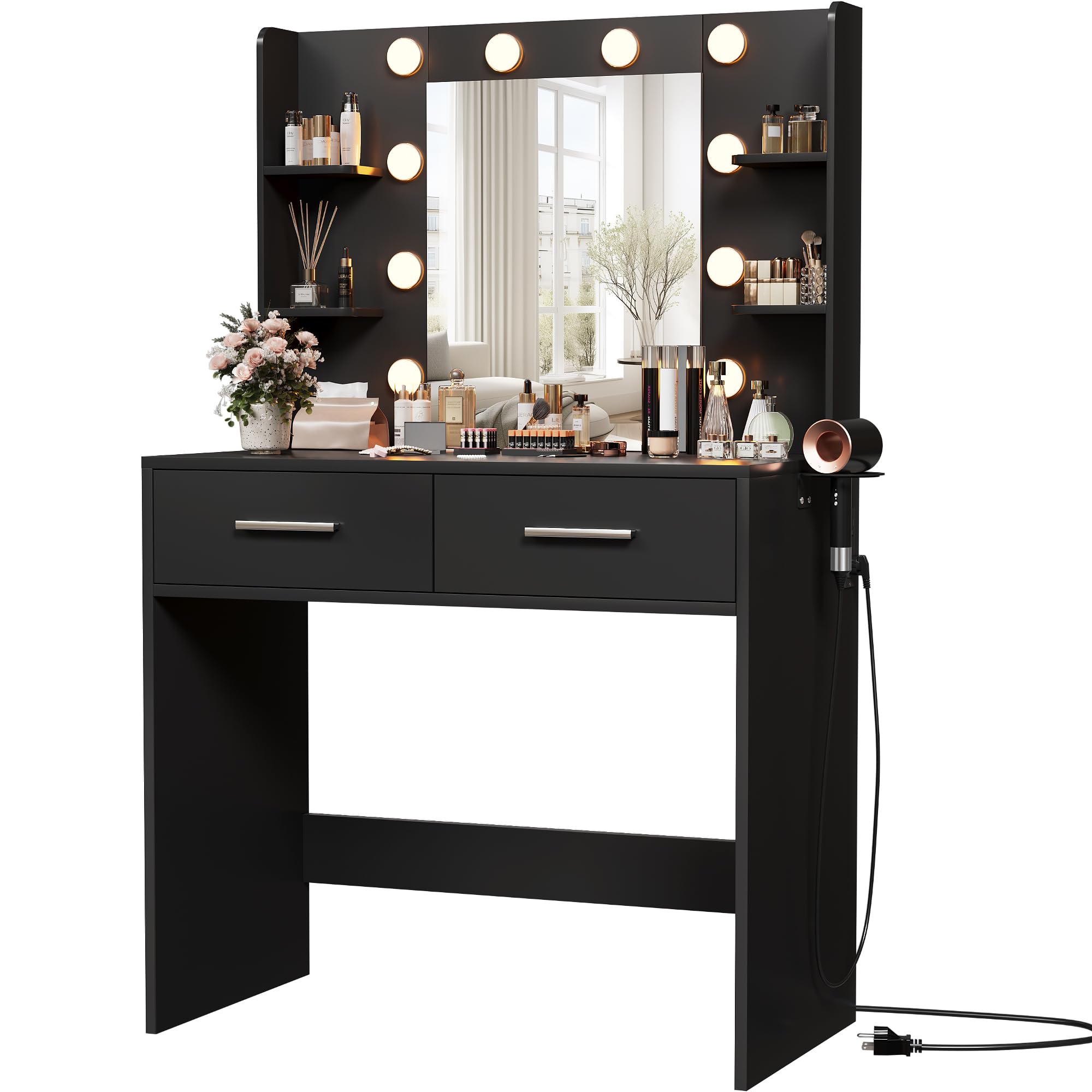 Furmax Makeup Vanity Desk with LED Mirror, 3-Color Lighting & Power Outlet - Adjustable Brightness Vanity Table with 2 Drawers & 6 Storage Shelves (Black, No Stool) - Perfect for Bedroom, Dorm Room & Beauty Salon Makeup Station