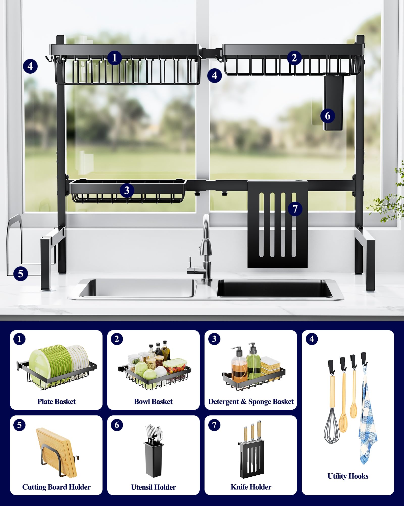 Kitsure Adjustable Over The Sink Dish Drying Rack - 30 to 33.9 Inches, 2-Tier Kitchen Sink Organizer with Large Capacity & Multifunctional Baskets, Perfect for Small Spaces & Dish Drying - Black