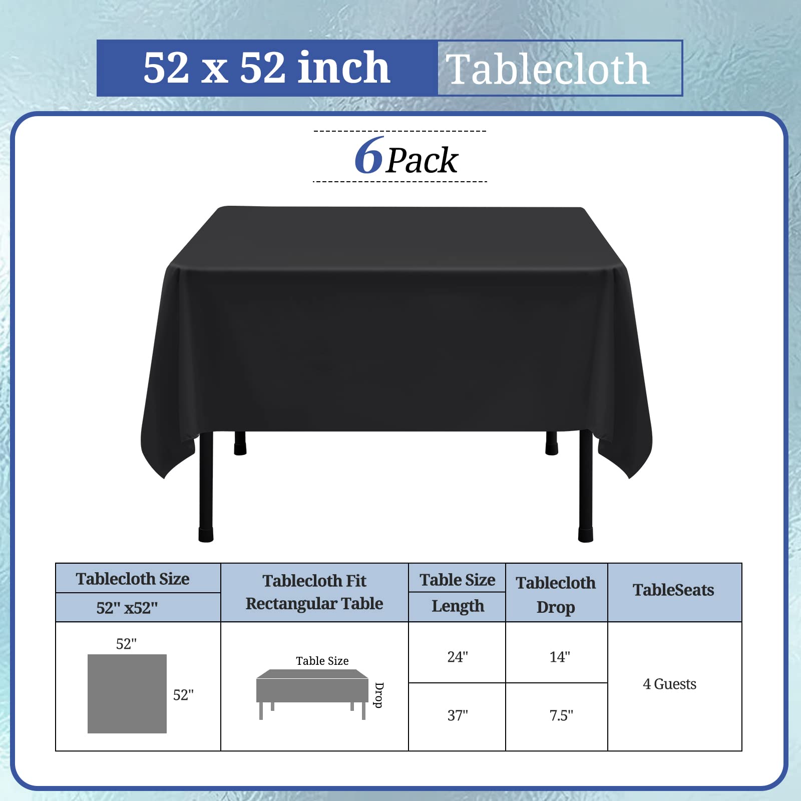 6 Pack Black Square Tablecloths 52 x 52 Inch - Premium Polyester Table Cover for Square Tables, Stain & Wrinkle Resistant, Washable Fabric Tablecloth for Restaurant, Banquet, Party, Wedding, and Home Dining Decor