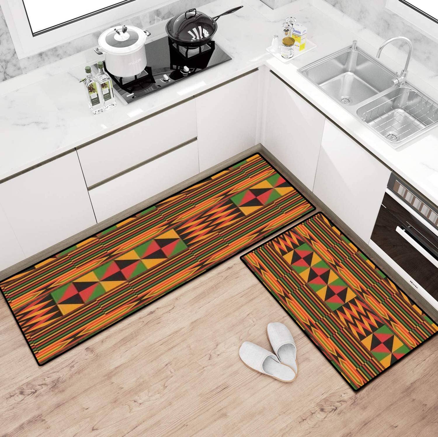 African Ethnic Design Non-Slip Kitchen Rugs Set - Washable Floor Mats for Kitchen, Bathroom & Entryway - Traditional Handmade Decor with Comfort Standing Pad - Perfect for Home, Apartment & Office Use