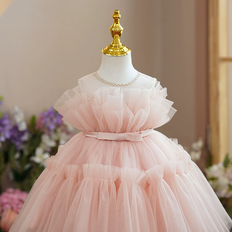 Pink Princess Round Tea Length Tulle Flower Girl Dress - Perfect for Weddings, Birthday Parties & Special Occasions