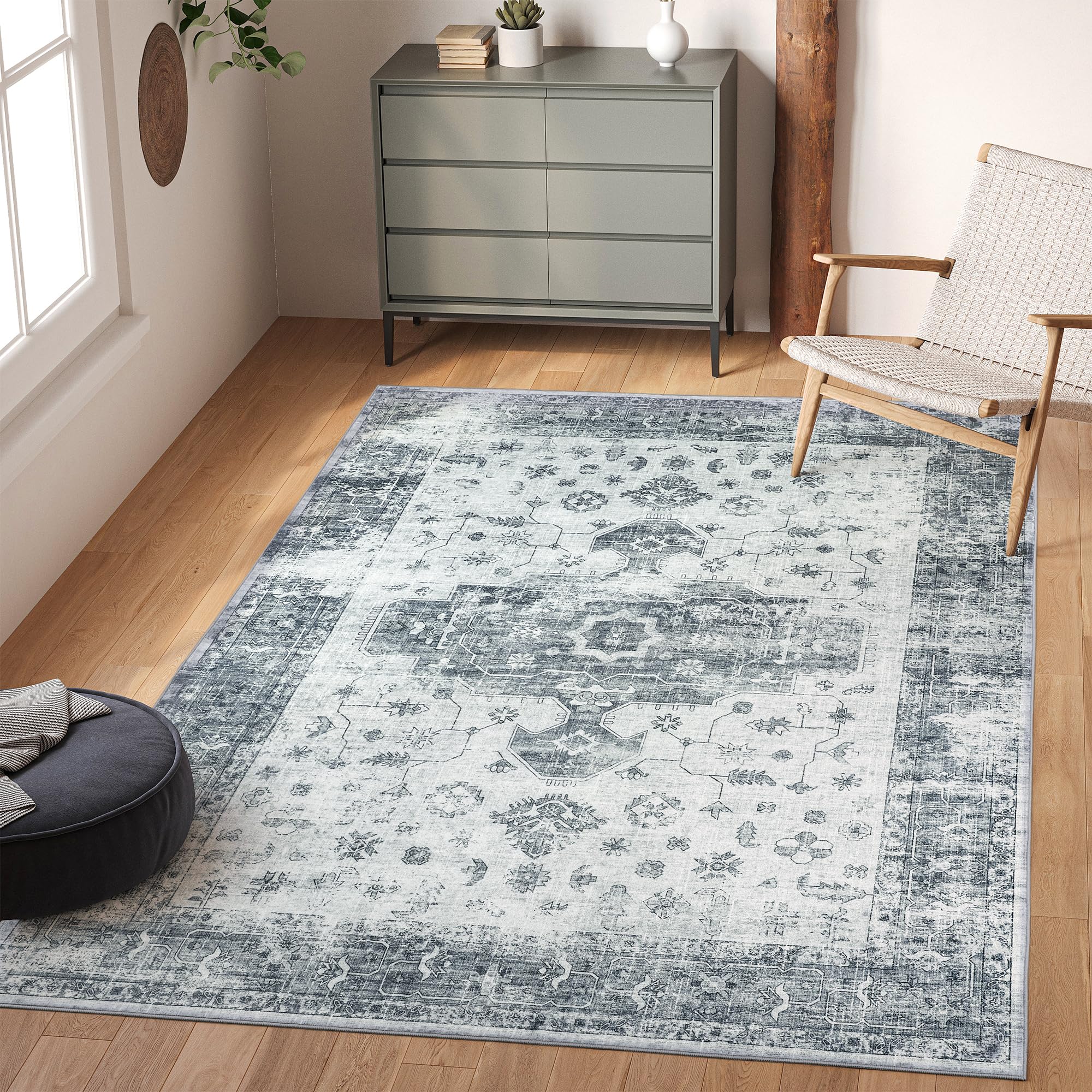 Washable 5x7 Floral Area Rug - Ultra Thin, Stain Resistant & Non-Slip Living Room Rug | Vintage Bedroom Carpet | Perfect for Home Decor, Dorm, or Office (5'x7', TPR35-Grey)