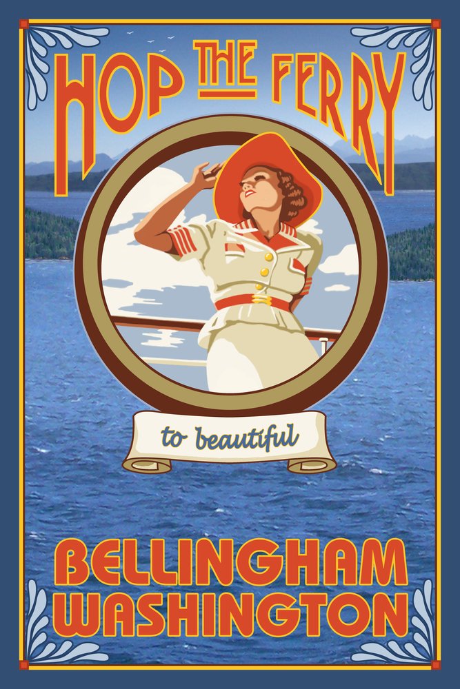 Vintage Woman Riding Ferry Bellingham Washington - 36x54 Giclee Gallery Art Print, Vivid Textured Wall Decor for Living Room, Bedroom & Office