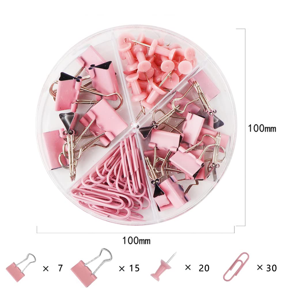 Metal Paper Clips & Binder Clips Set - Assorted Sizes with Push Pins - Cute Pink Office Supplies for Desk Organization - Perfect for School, Office & Home Workspace