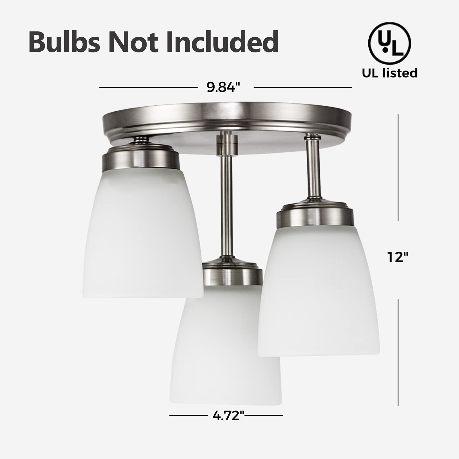 GZBtech 3-Lights Semi Flush Mount Ceiling Light Fixture - Modern Brushed Nickel Finish, Opal Glass Shades - Perfect for Entryway, Hallway, Kitchen, Closet, Dining Room, Laundry & Bedroom Lighting | Dimmable LED Compatible for Cozy Ambiance