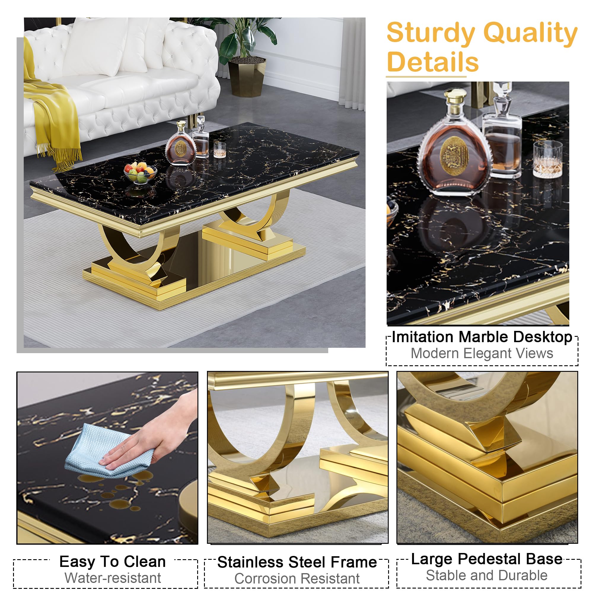 Goujxcy 3-Piece Marble Coffee Table Set - Black & Gold Stainless Steel Frame, 1 Rectangular Coffee Table & 2 Square End Tables - Modern Living Room Furniture for Apartment, Office, Lounge & Entertainment Areas