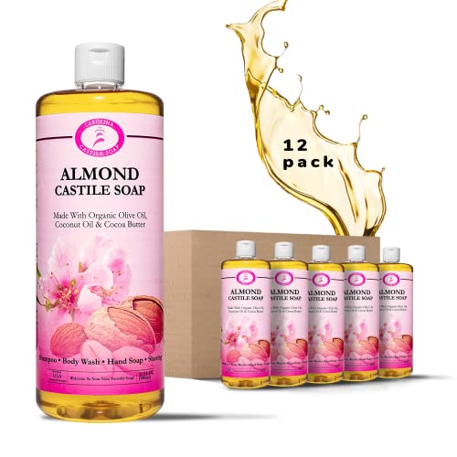 Organic Almond Castile Soap Liquid - Vegan Skin-Softening Body Wash with Olive Oil - Pure Castile Soap for Sensitive Skin - 32oz (12 Pack) - Perfect for Shower, Bath & Hand Washing