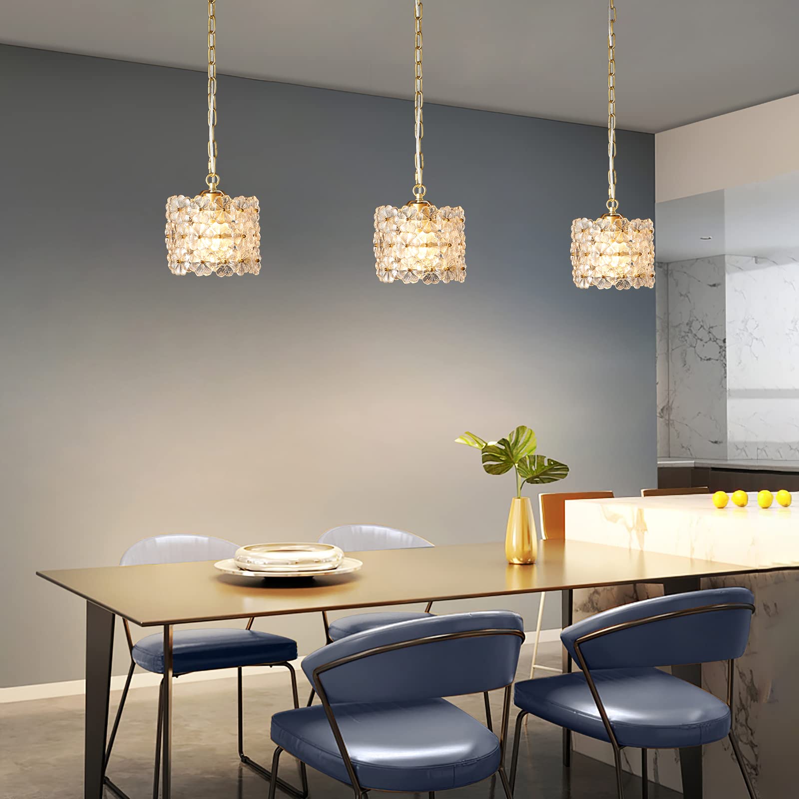 Modern Gold Crystal Pendant Light - Adjustable Hanging Ceiling Fixture for Kitchen Island, Dining Room, Living Room & Bedroom | Elegant Home Lighting Decor for Dinner Parties & Cozy Nights