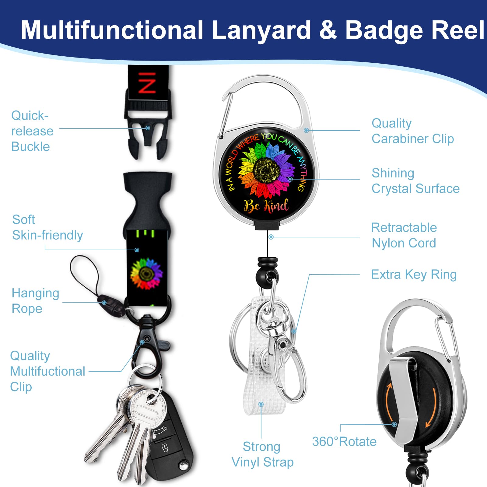 Be Kind Lanyard with ID Holder & Retractable Badge Reel - Perfect for Teachers & Office Gifts