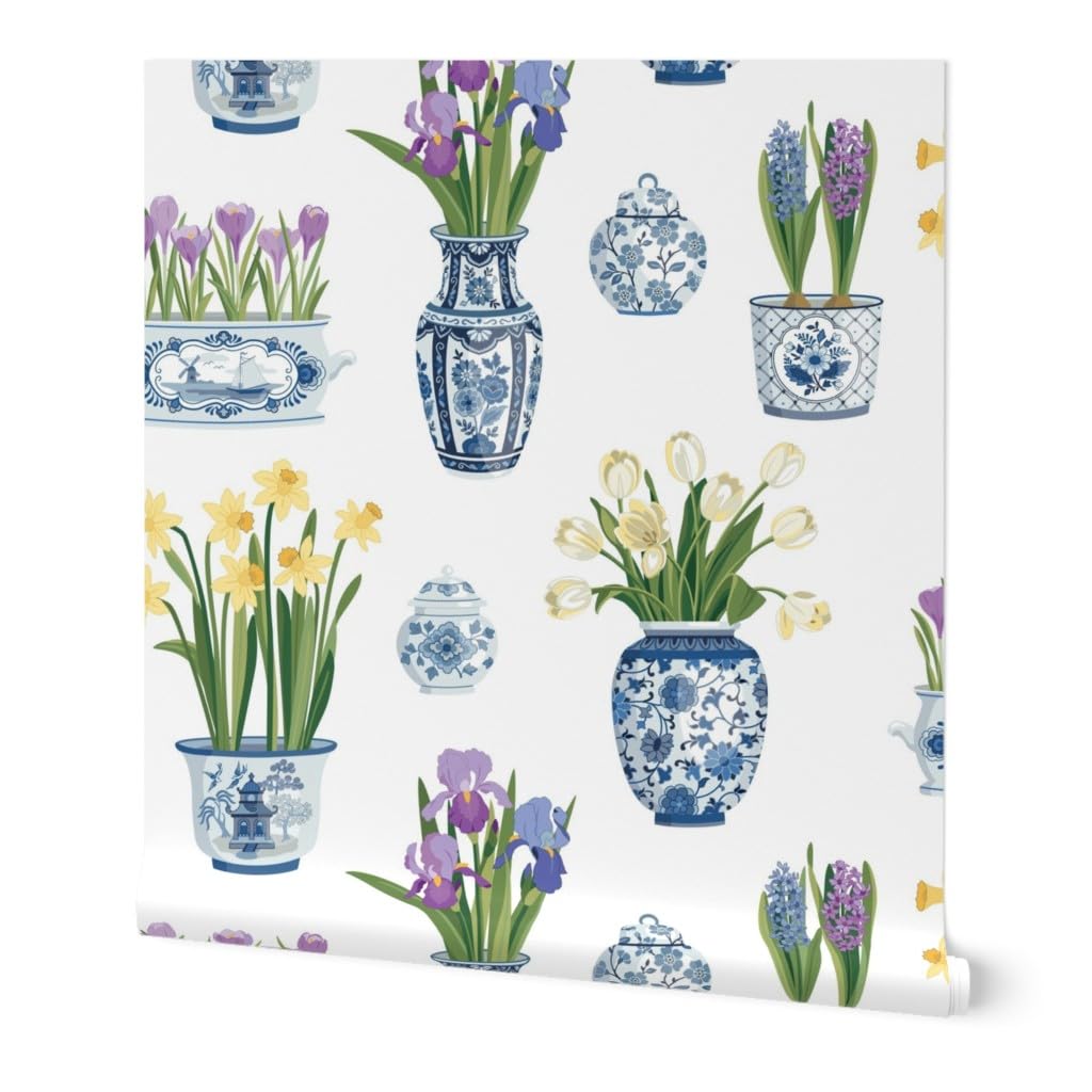 Premium Commercial Grade Wallpaper 27ft x 2ft - Floral Pots, Vases & Tulips Chinoiserie Delft Traditional Design | Spoonflower | Perfect for Living Room, Bedroom & Dining Room Decor