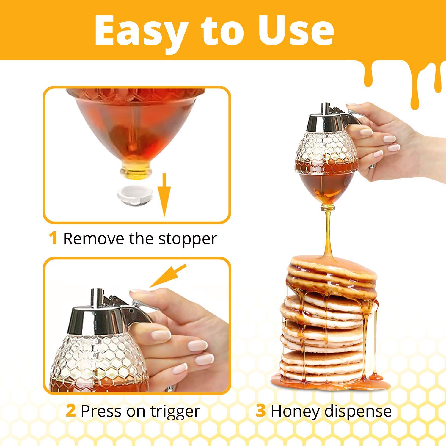 Premium No Drip Glass Honey Dispenser with Stand - 8oz Clear Honey Jar with Dipper & Flip Top Lid - Perfect for Maple Syrup, Tea, Coffee & Breakfast Table - Leakproof Honey Pot for Kitchen & Dining Room