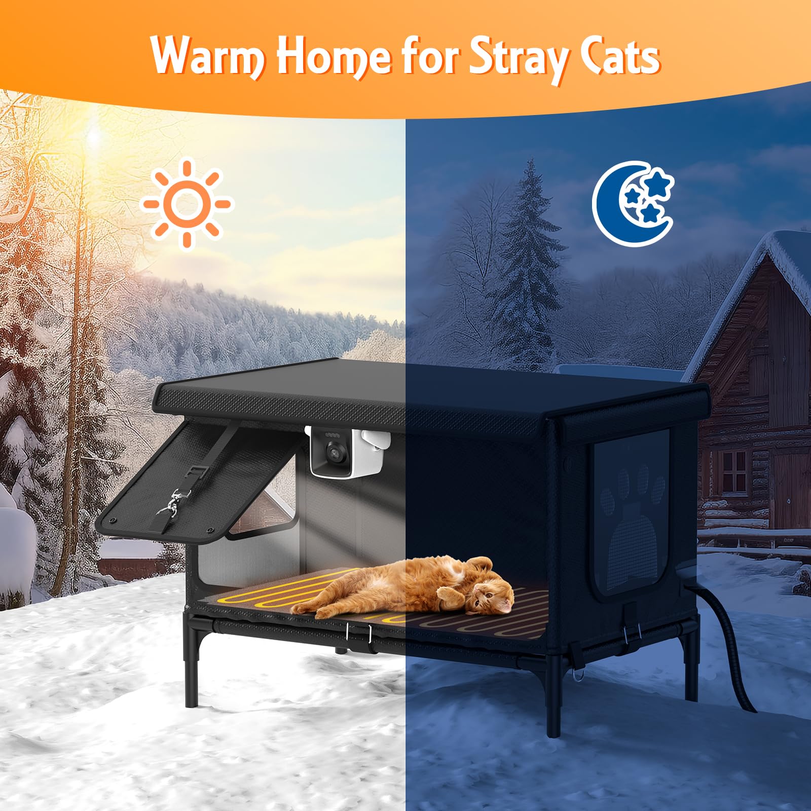 **Heated Outdoor Cat House for Winter - Insulated Waterproof Shelter with Smart Camera - Warm Home for Stray & Barn Cats (Black, 21.3