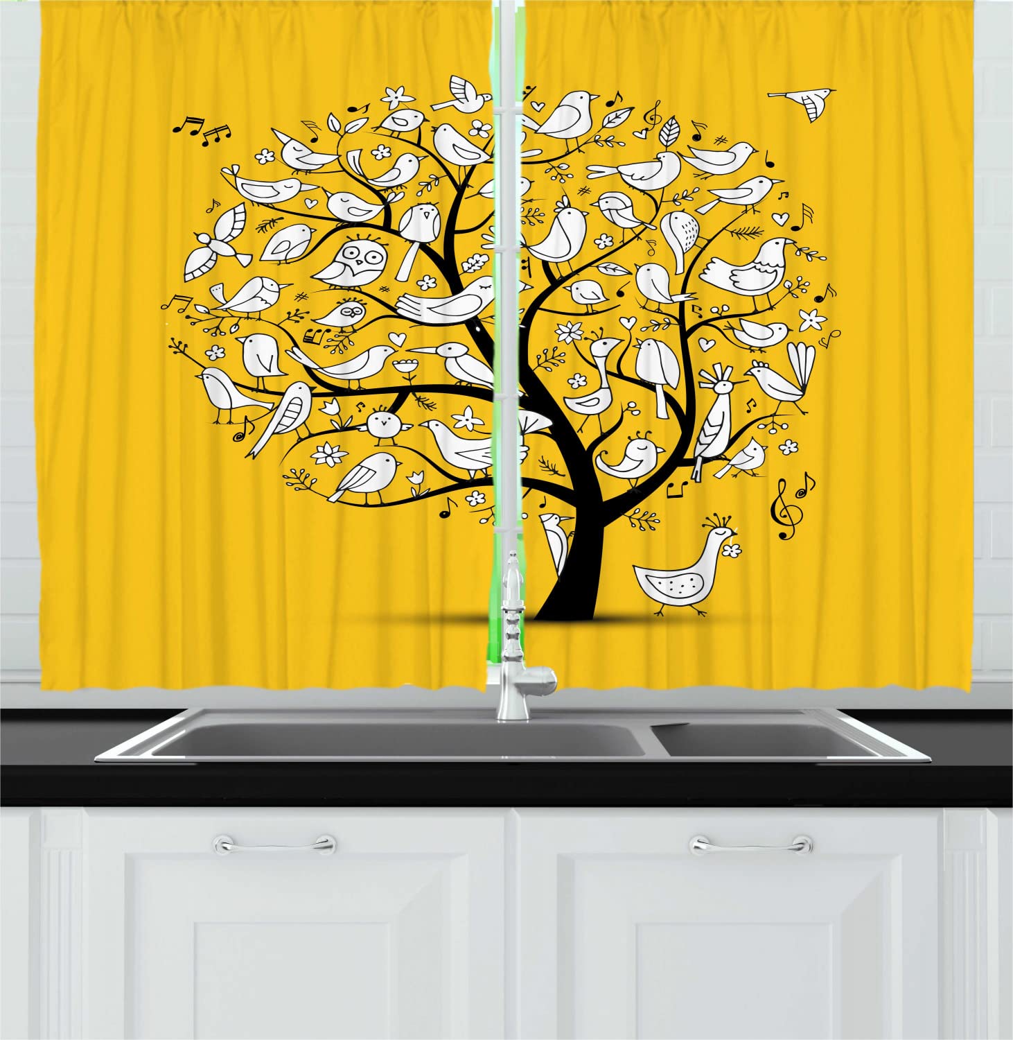 Ambesonne Yellow Bird Long Kitchen Curtains - 55