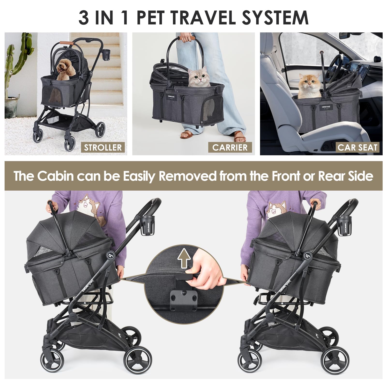T3 3-in-1 Small Pet Stroller for Dogs & Cats - 4-Wheel Lightweight Folding Stroller with Removable Carrier, Cushion Pad, Sun Canopy & Cup Holder - Perfect for Walking, Shopping & Outdoor Adventures (Black)