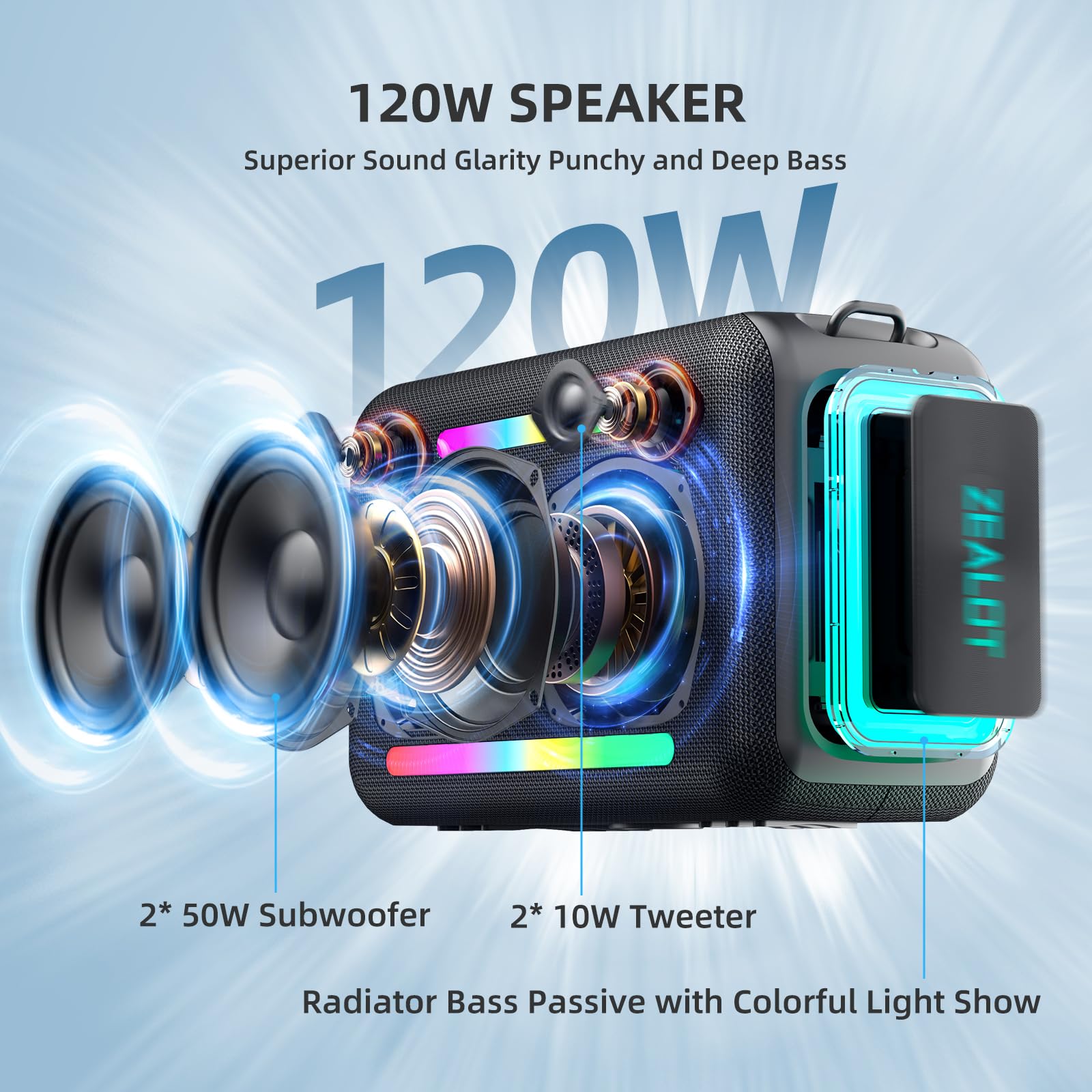 ZEALOT 120W Powerful Bluetooth Speaker - IPX6 Waterproof Wireless Speaker with LED Lights, 40H Playtime & Custom EQ | Portable Outdoor Party Speaker with Deep Bass for Beach, Camping, Poolside & Home Entertainment