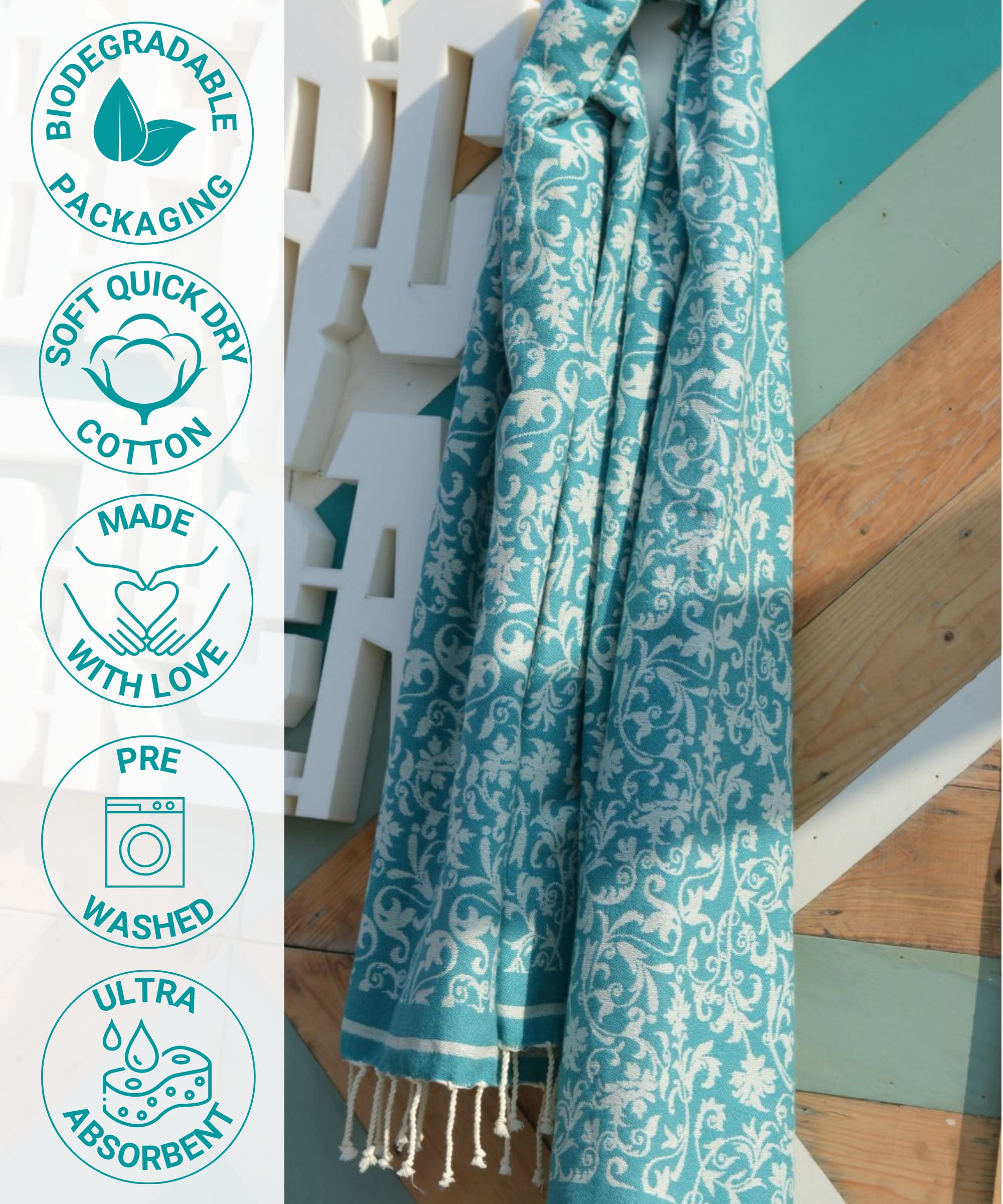 Premium XL Fouta Hammam Towel - 100% Cotton Lightweight Beach Towel with Elegant Flower Pattern | Perfect for Spa, Yoga, Pool & Beach Use - Black